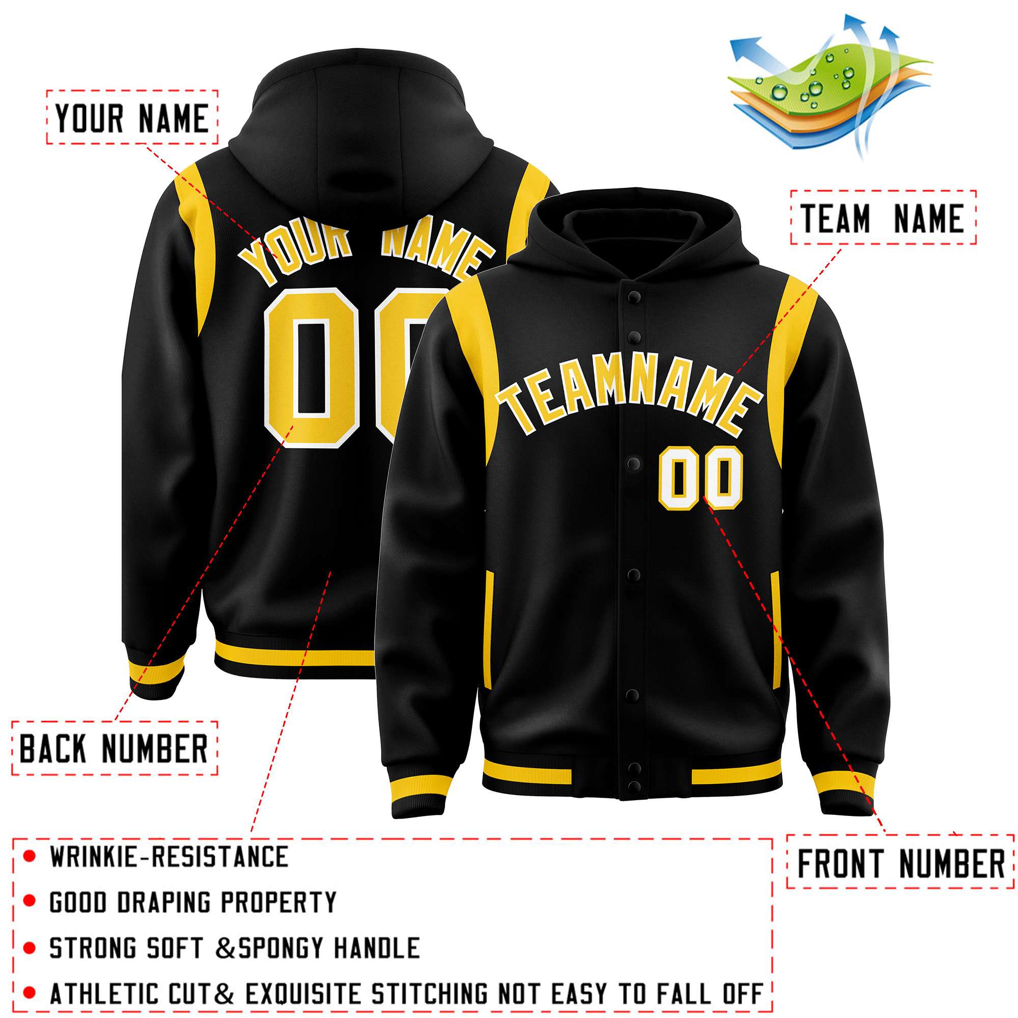 Custom Black Gold Varsity Full-Snap Letterman Shoulder Color Block Hoodie Jacket