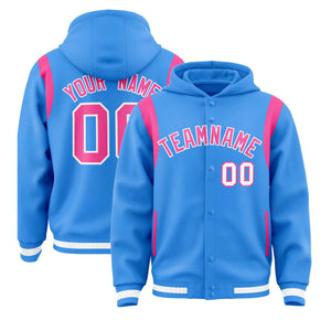 Custom Powder Blue Pink Varsity Full-Snap Letterman Shoulder Color Block Hoodie Jacket