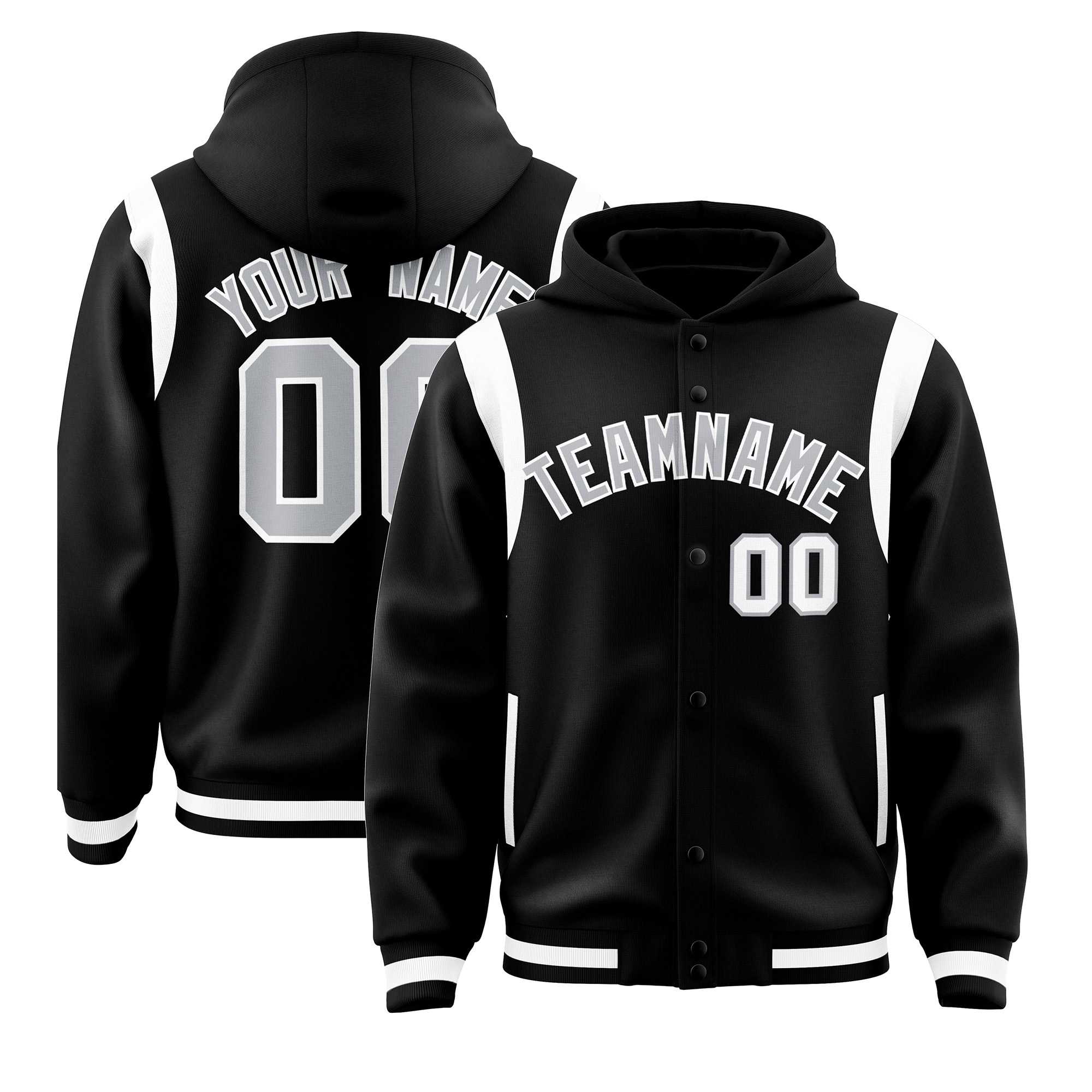 Custom Black Silver Varsity Full-Snap Letterman Shoulder Color Block Hoodie Jacket