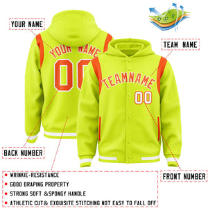 Custom Fluorescent Green Orange Varsity Full-Snap Letterman Shoulder Color Block Hoodie Jacket