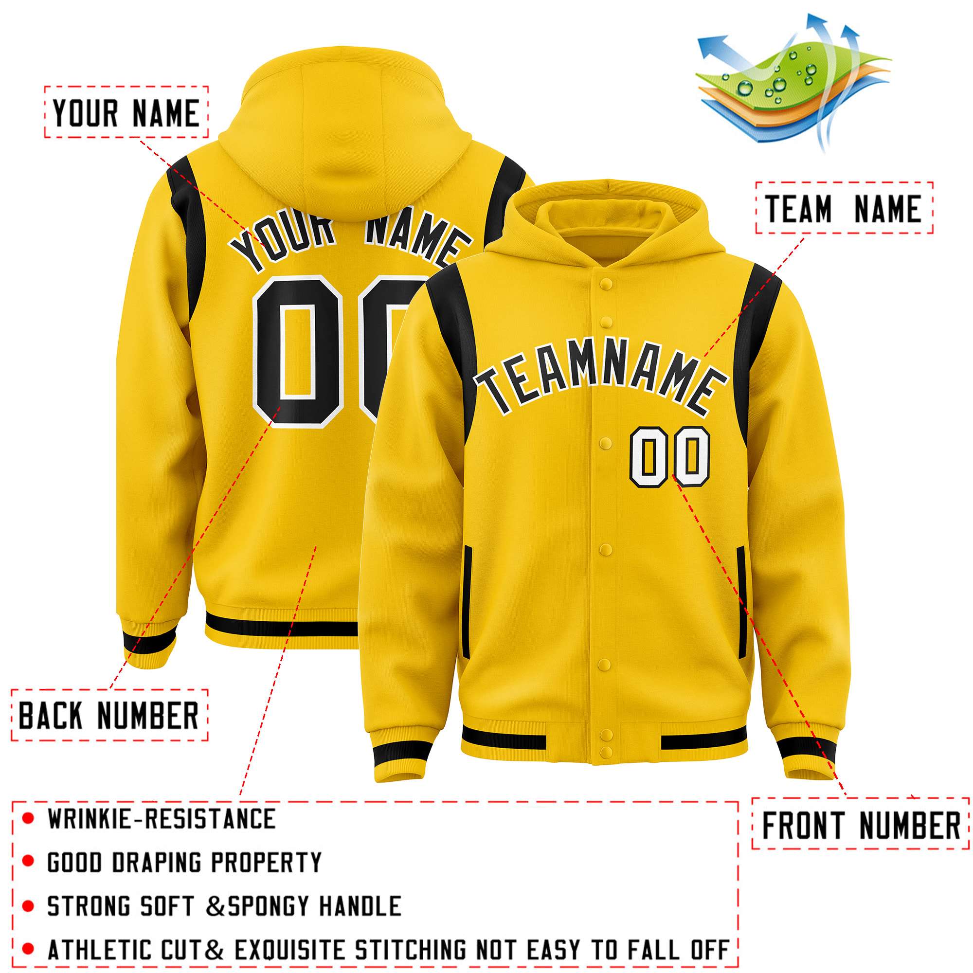 Custom Gold Black Varsity Full-Snap Letterman Shoulder Color Block Hoodie Jacket