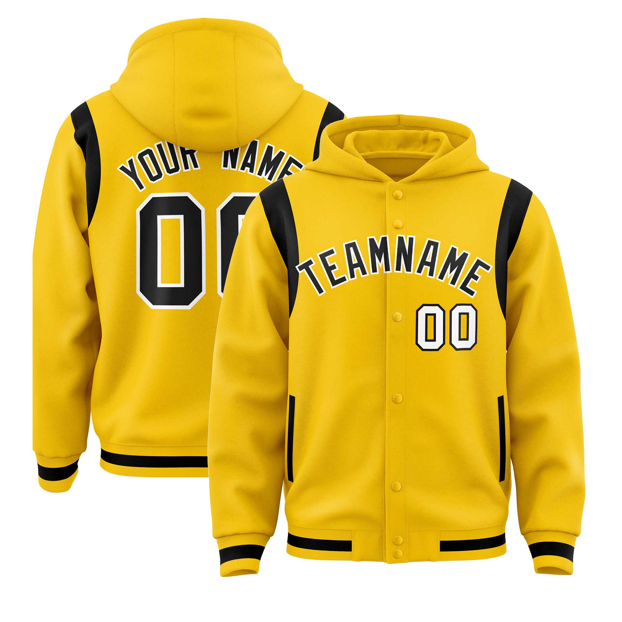 Custom Gold Black Varsity Full-Snap Letterman Shoulder Color Block Hoodie Jacket