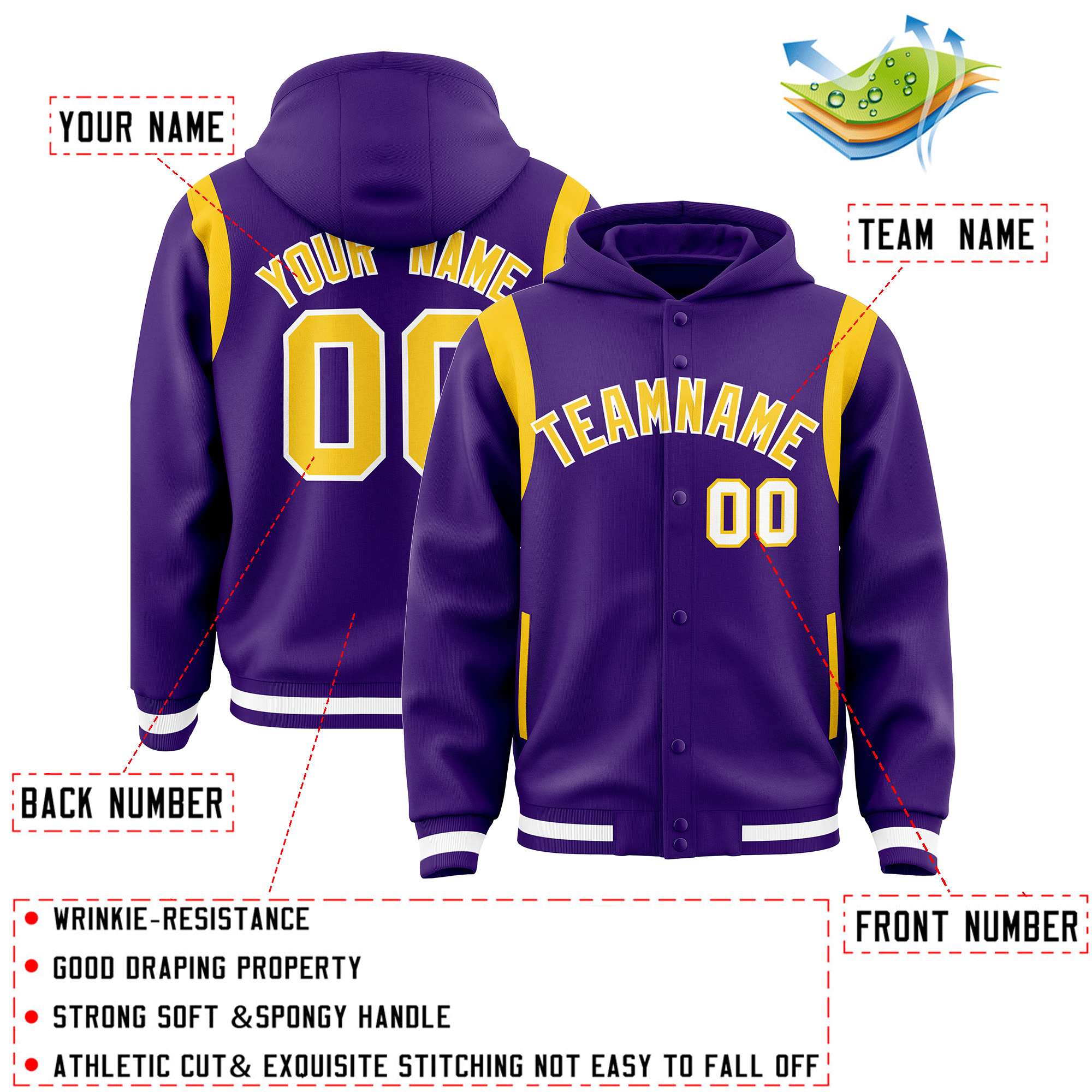 Custom Purple Gold Varsity Full-Snap Letterman Shoulder Color Block Hoodie Jacket