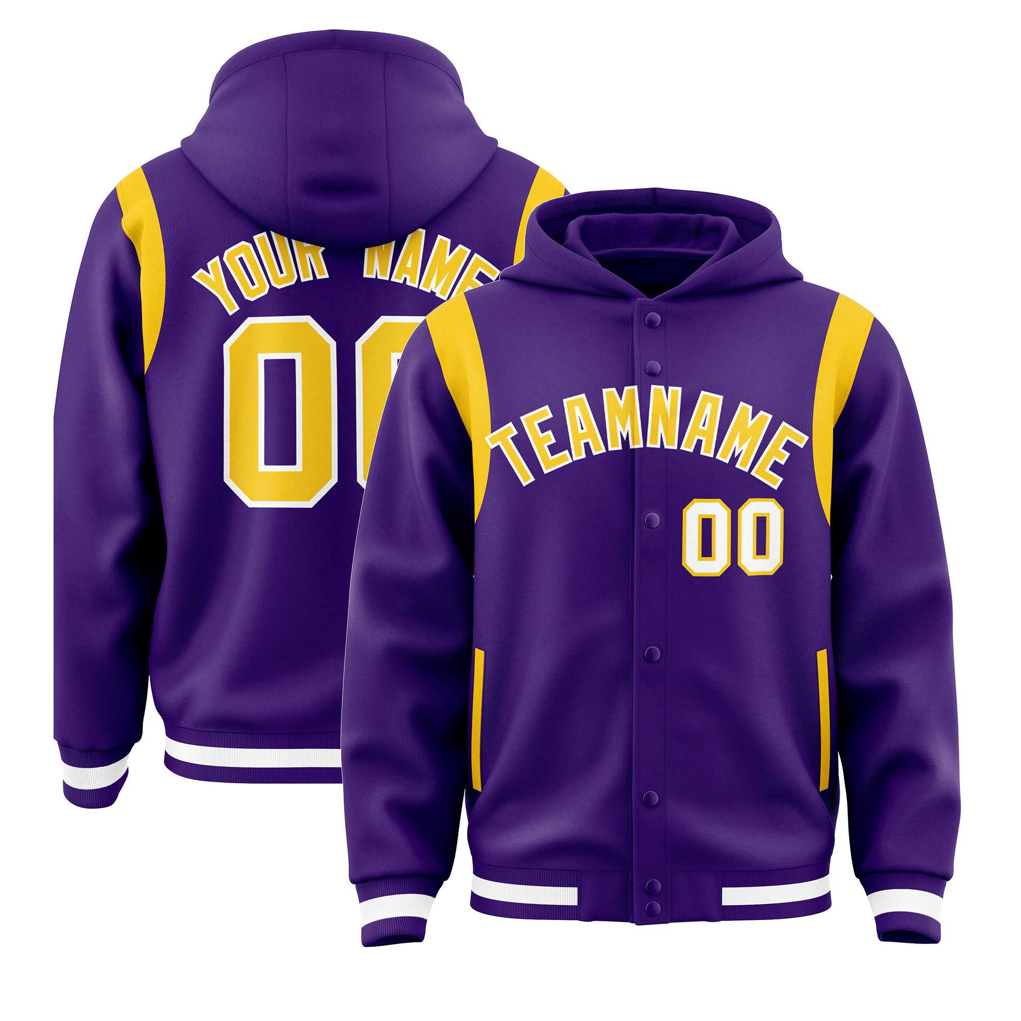 Custom Purple Gold Varsity Full-Snap Letterman Shoulder Color Block Hoodie Jacket