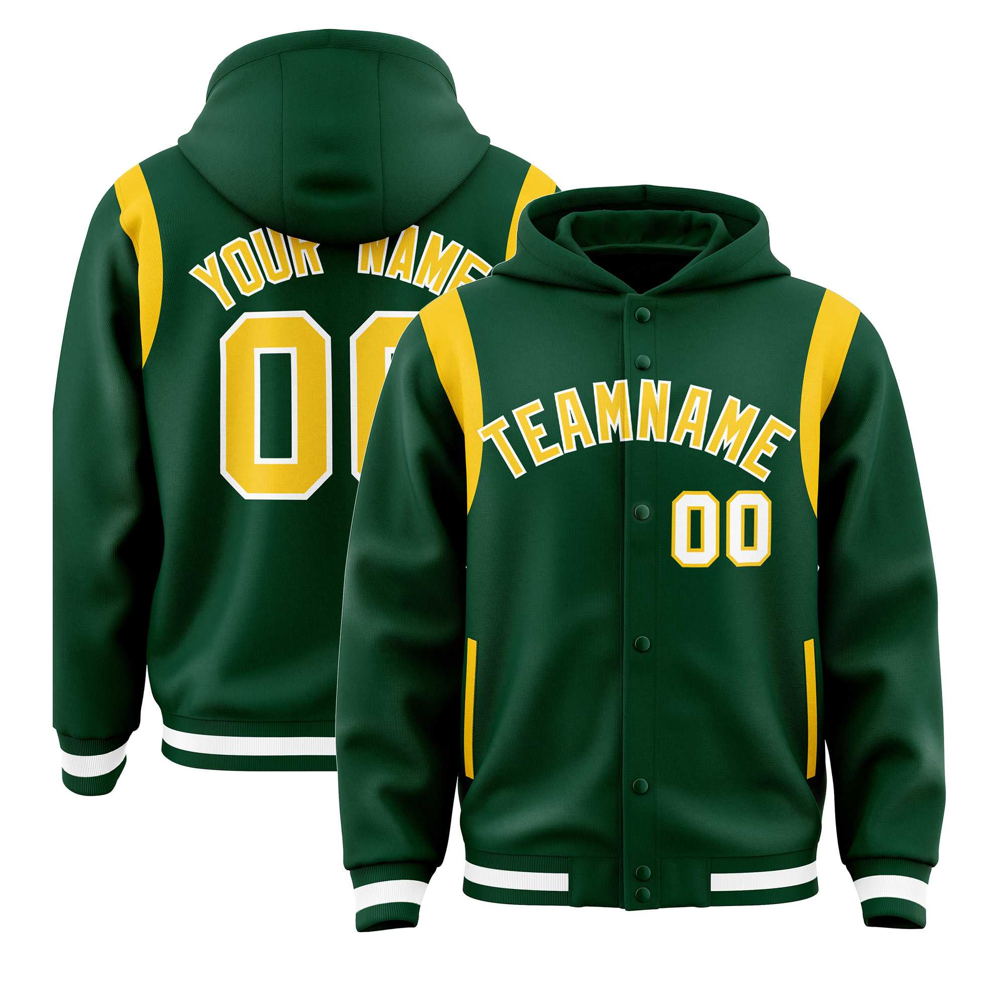 Custom Green Gold Varsity Full-Snap Letterman Shoulder Color Block Hoodie Jacket