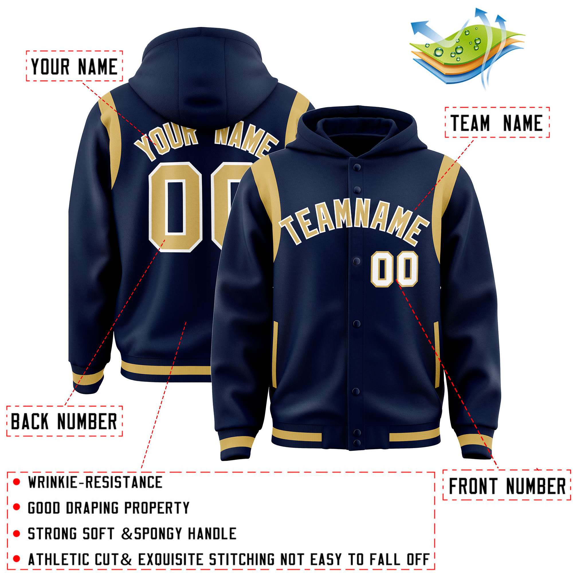 Custom Navy Old Gold Varsity Full-Snap Letterman Shoulder Color Block Hoodie Jacket