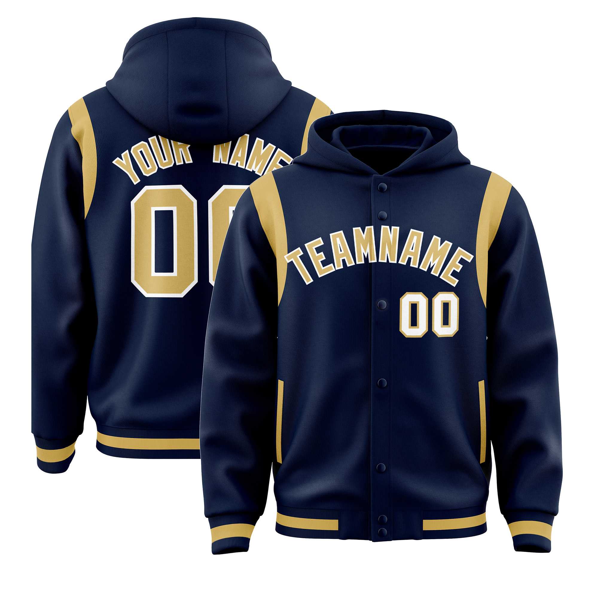 Custom Navy Old Gold Varsity Full-Snap Letterman Shoulder Color Block Hoodie Jacket