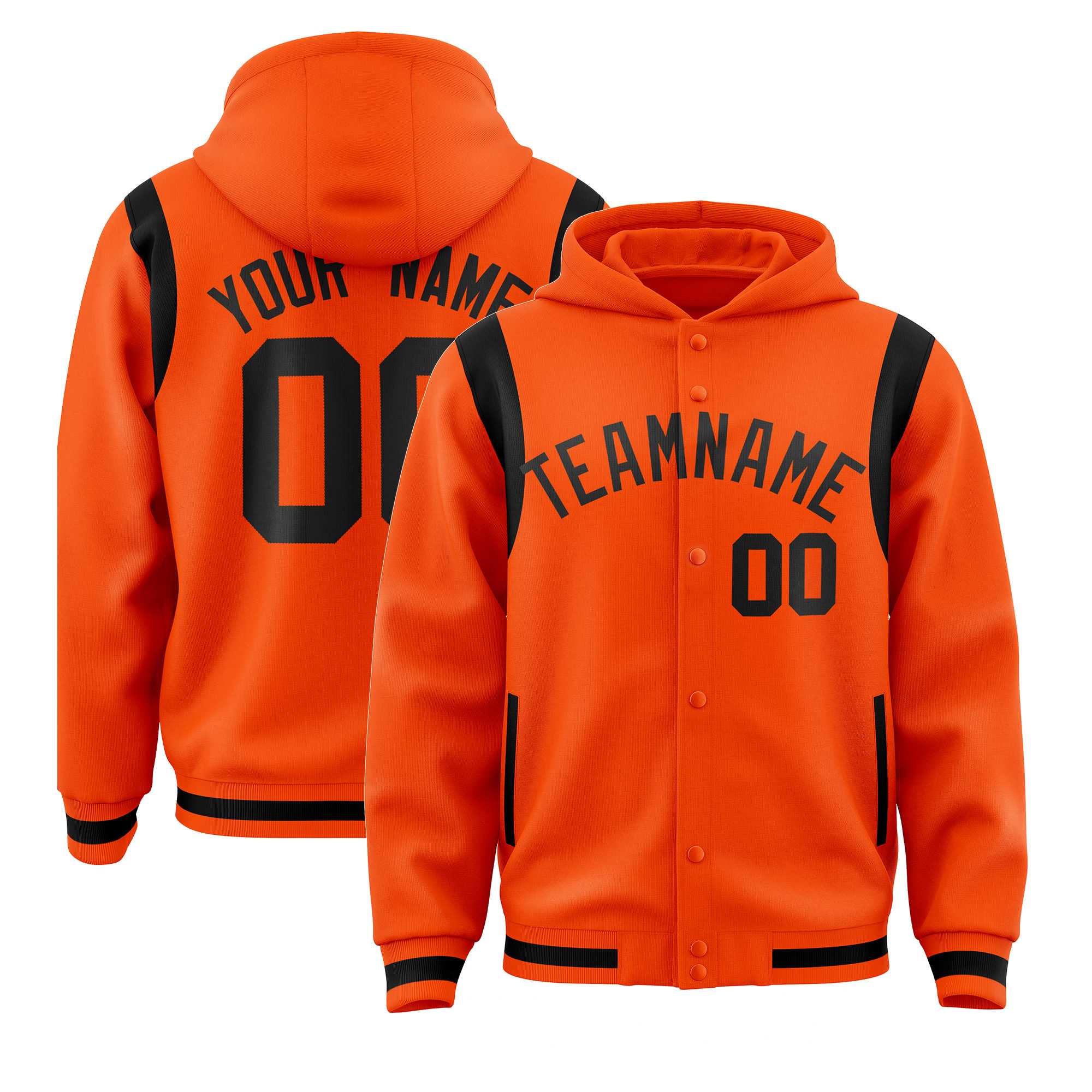 Custom Orange Black Varsity Full-Snap Letterman Shoulder Color Block Hoodie Jacket