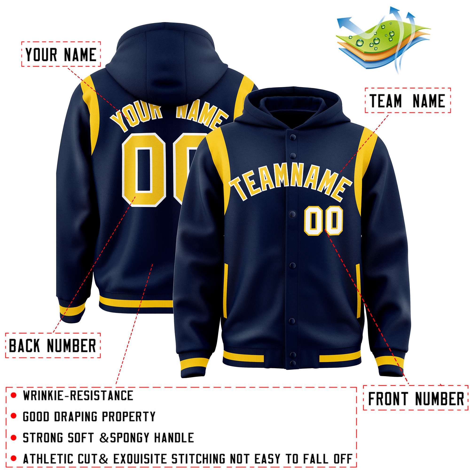 Custom Navy Gold Varsity Full-Snap Letterman Shoulder Color Block Hoodie Jacket