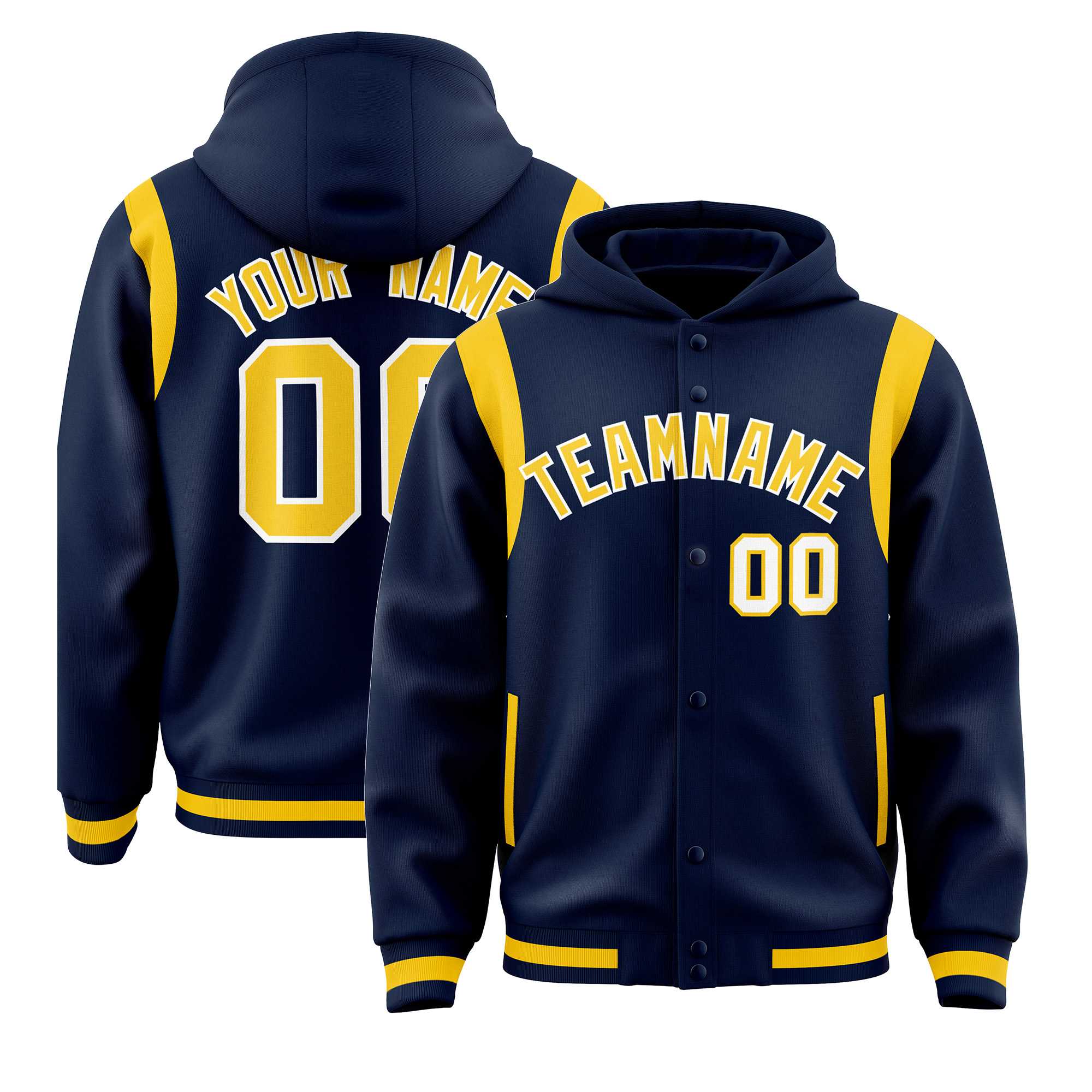 Custom Navy Gold Varsity Full-Snap Letterman Shoulder Color Block Hoodie Jacket