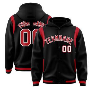 Custom Black Red Varsity Full-Snap Letterman Shoulder Color Block Hoodie Jacket