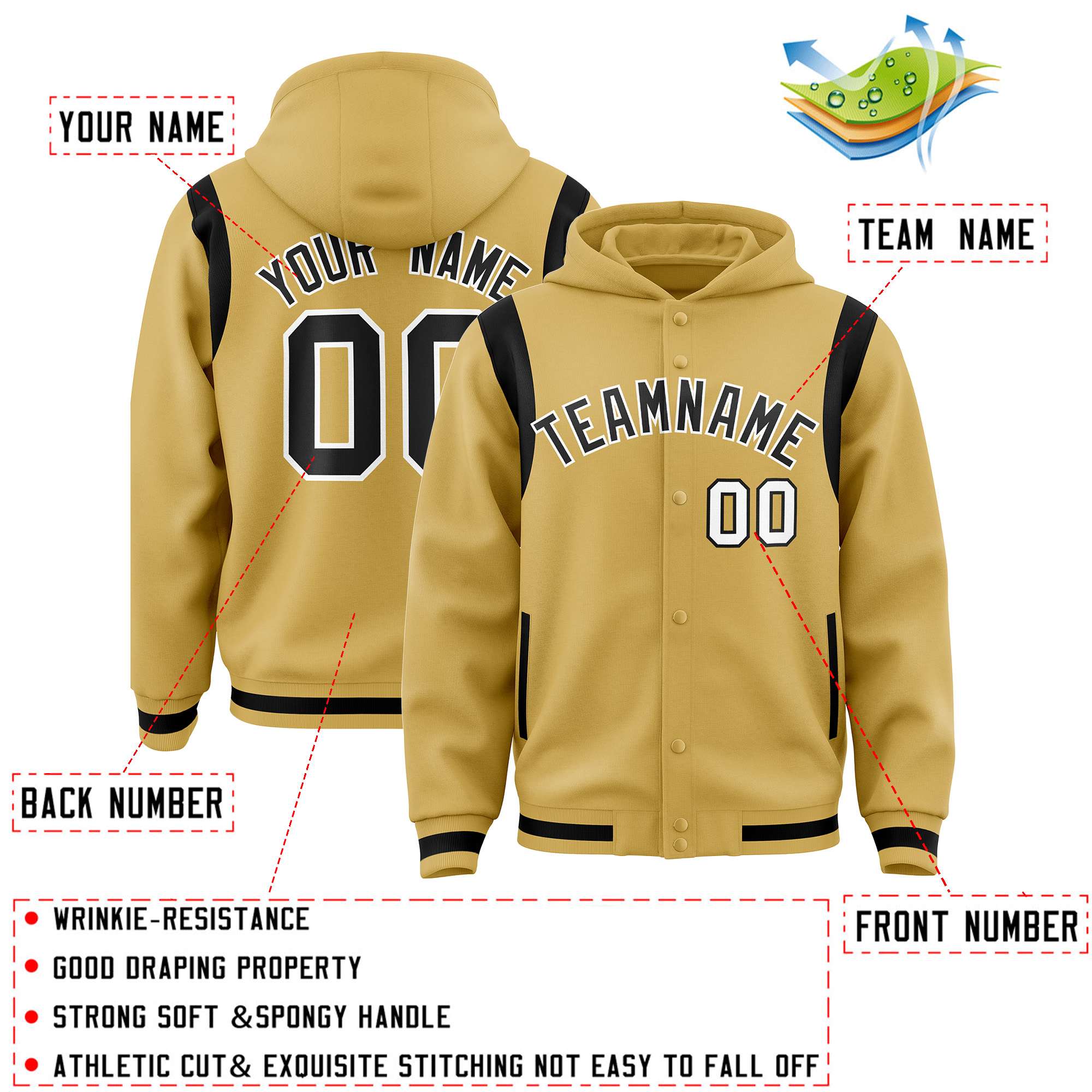 Custom Old Gold Black Varsity Full-Snap Letterman Shoulder Color Block Hoodie Jacket