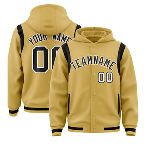 Custom Old Gold Black Varsity Full-Snap Letterman Shoulder Color Block Hoodie Jacket