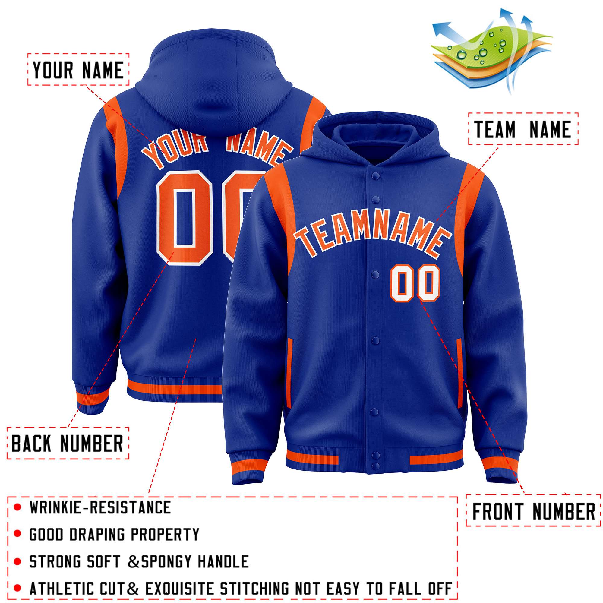 Custom Royal Orange Varsity Full-Snap Letterman Shoulder Color Block Hoodie Jacket