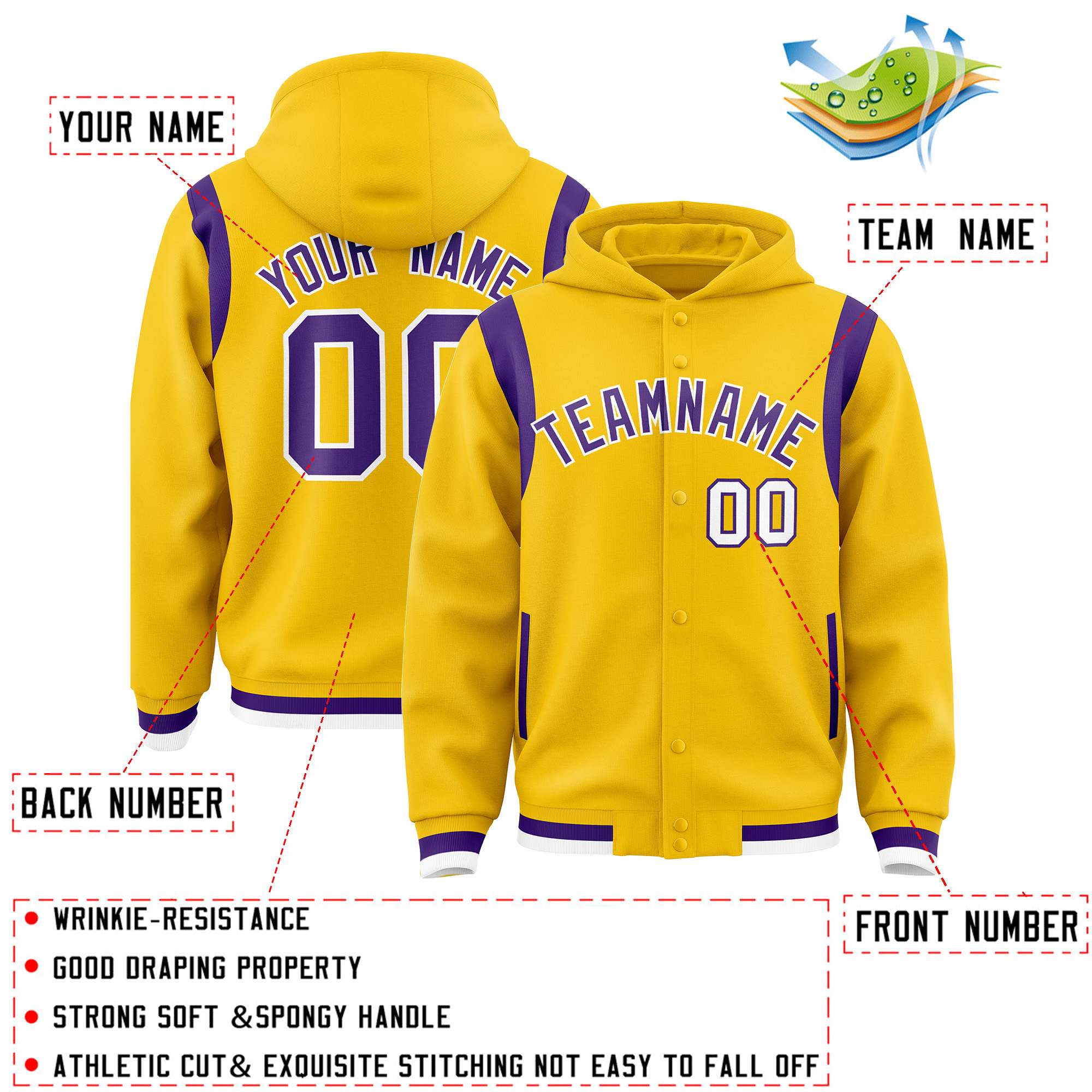 Custom Gold Purple Varsity Full-Snap Letterman Shoulder Color Block Hoodie Jacket