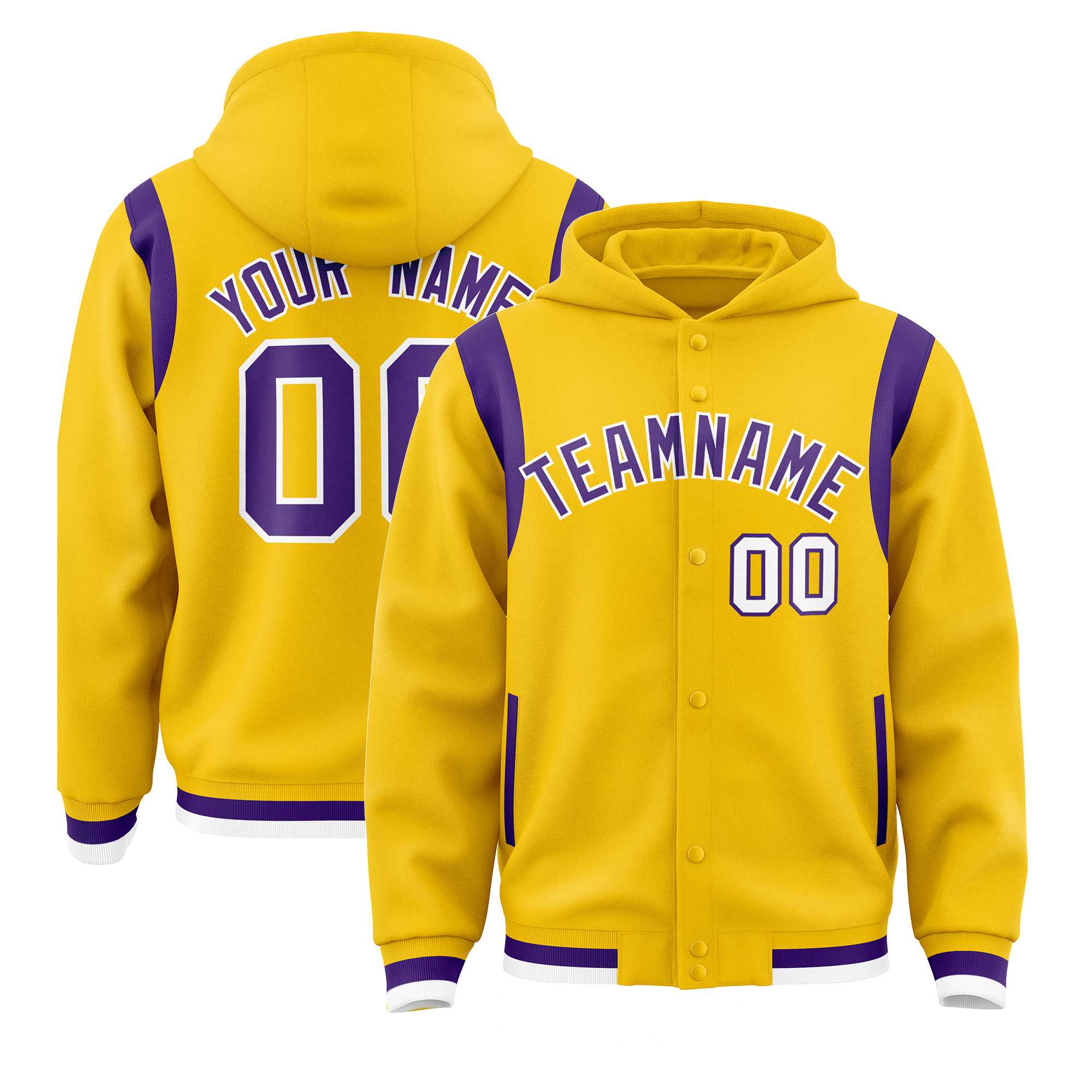 Custom Gold Purple Varsity Full-Snap Letterman Shoulder Color Block Hoodie Jacket