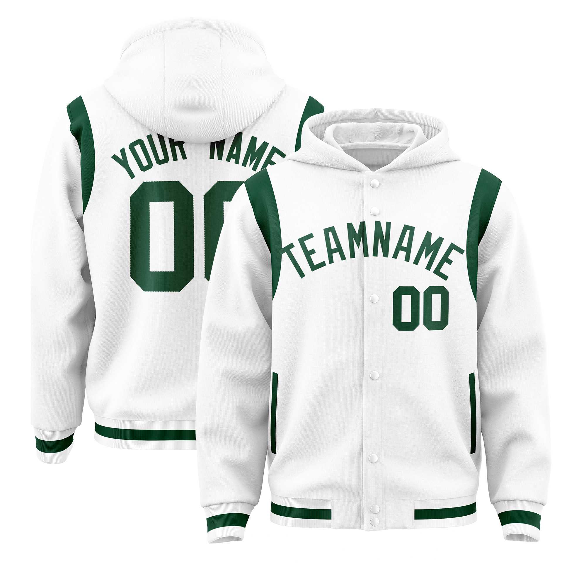 Custom White Green Varsity Full-Snap Letterman Shoulder Color Block Hoodie Jacket