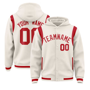 Custom Cream Red Varsity Full-Snap Letterman Shoulder Color Block Hoodie Jacket