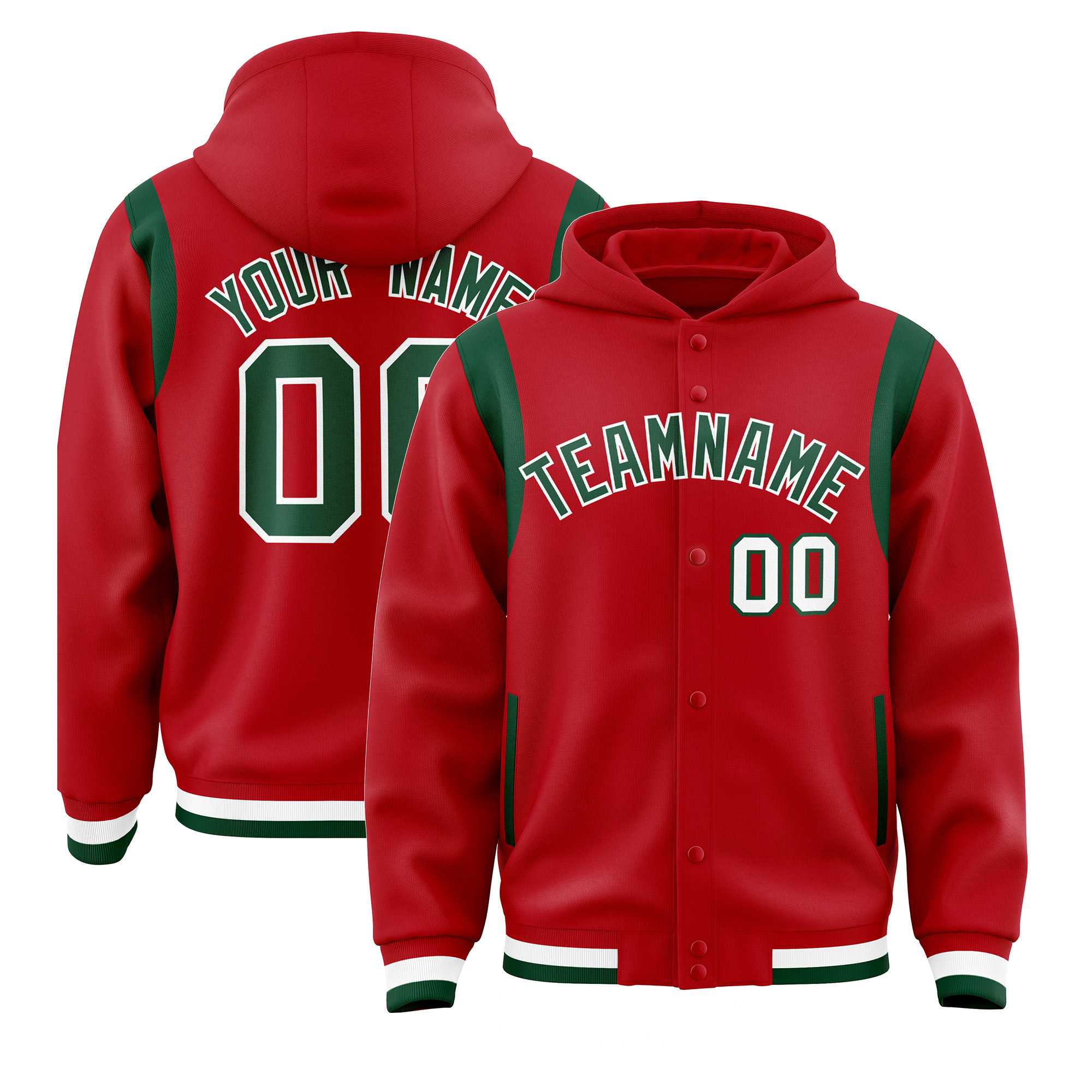 Custom Red Green Varsity Full-Snap Letterman Shoulder Color Block Hoodie Jacket