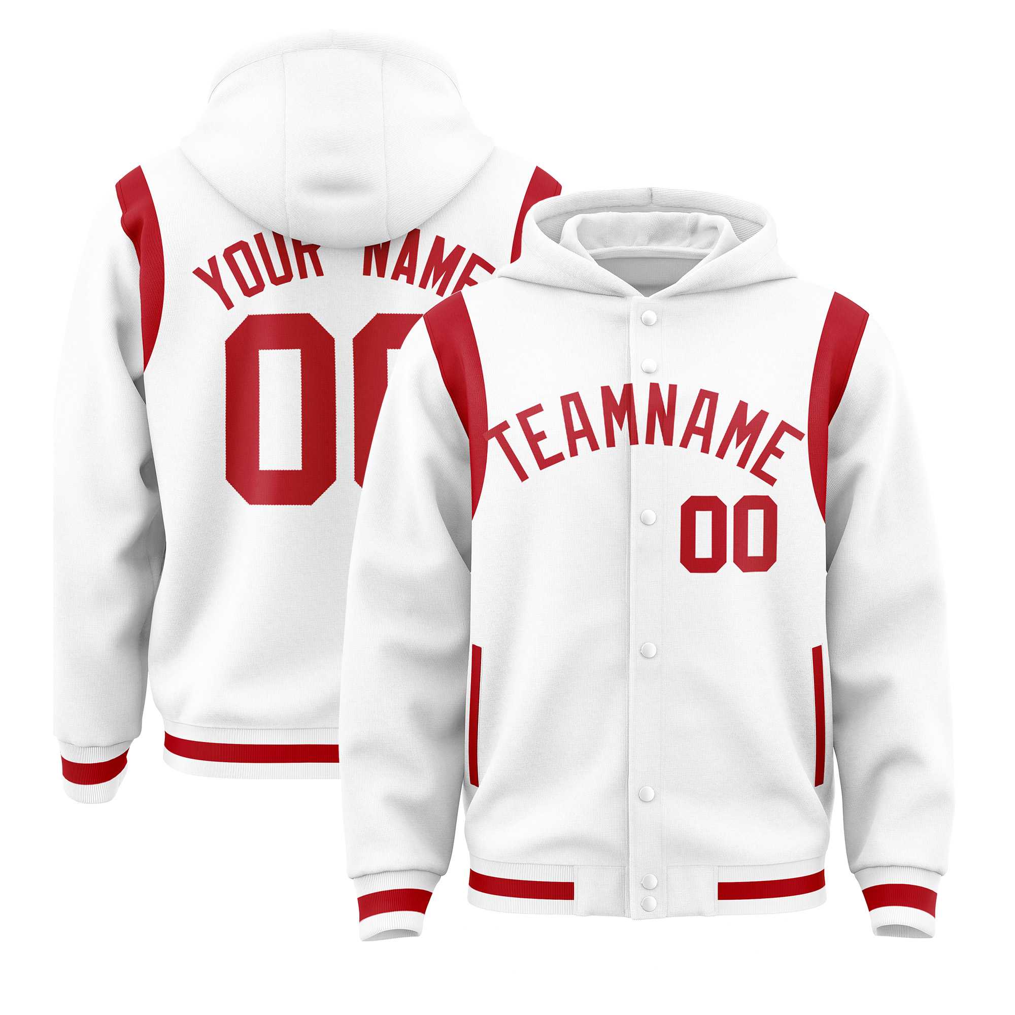 Custom White Red Varsity Full-Snap Letterman Shoulder Color Block Hoodie Jacket