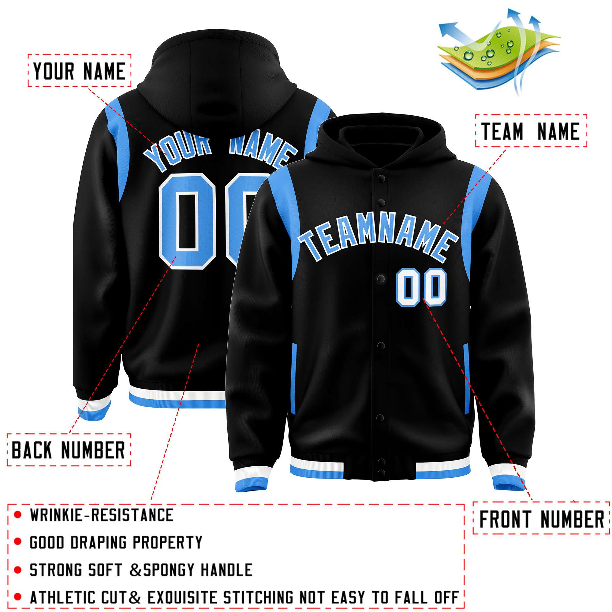 Custom Black Powder Blue Varsity Full-Snap Letterman Shoulder Color Block Hoodie Jacket