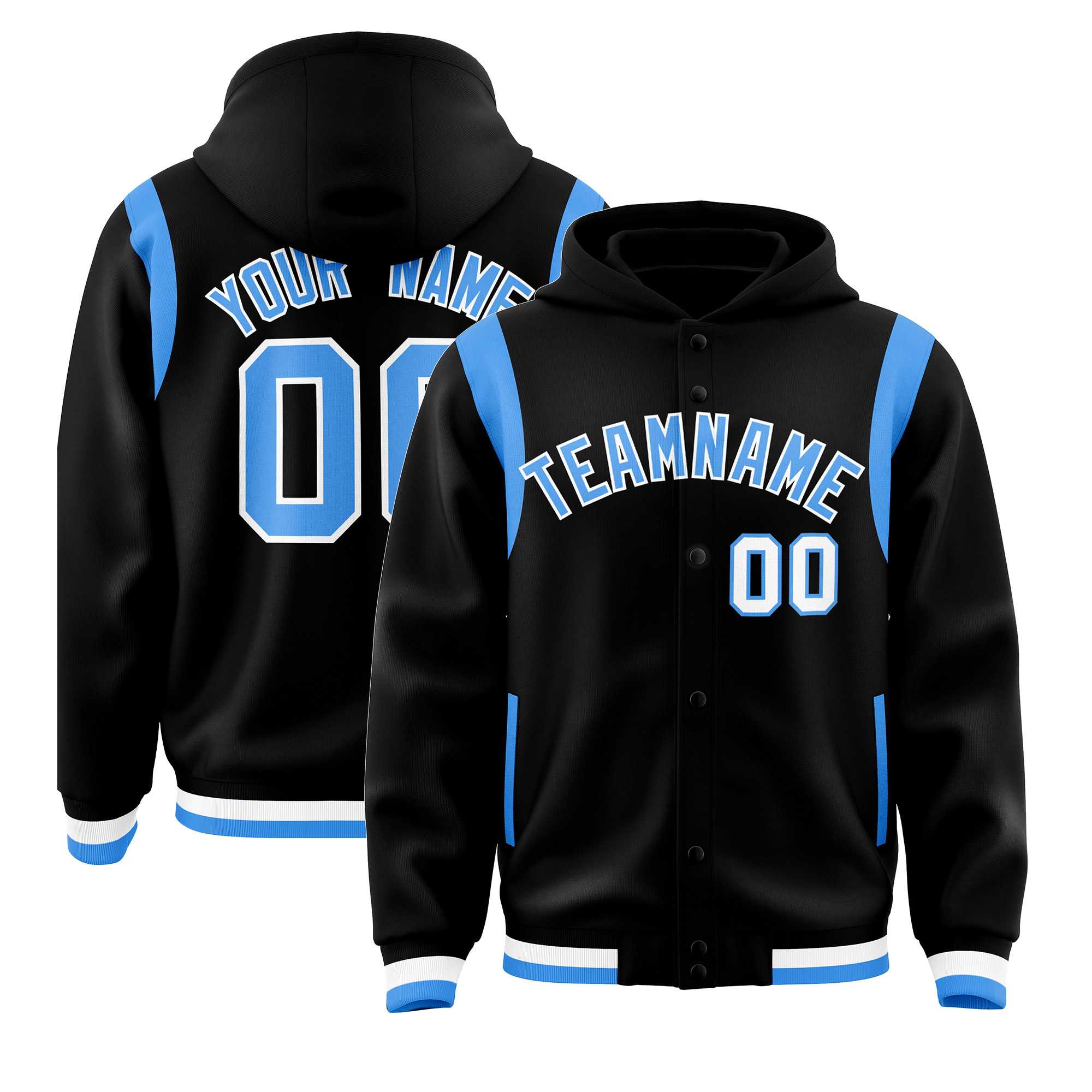 Custom Black Powder Blue Varsity Full-Snap Letterman Shoulder Color Block Hoodie Jacket