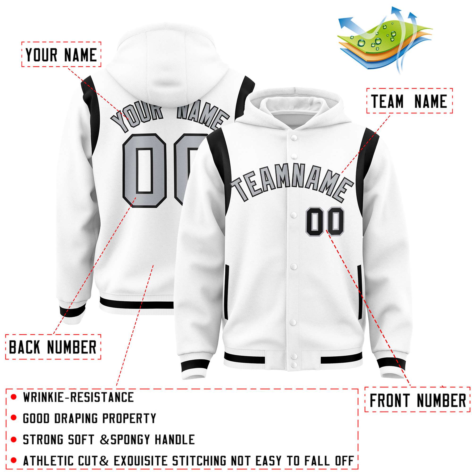 Custom White Silver Varsity Full-Snap Letterman Shoulder Color Block Hoodie Jacket