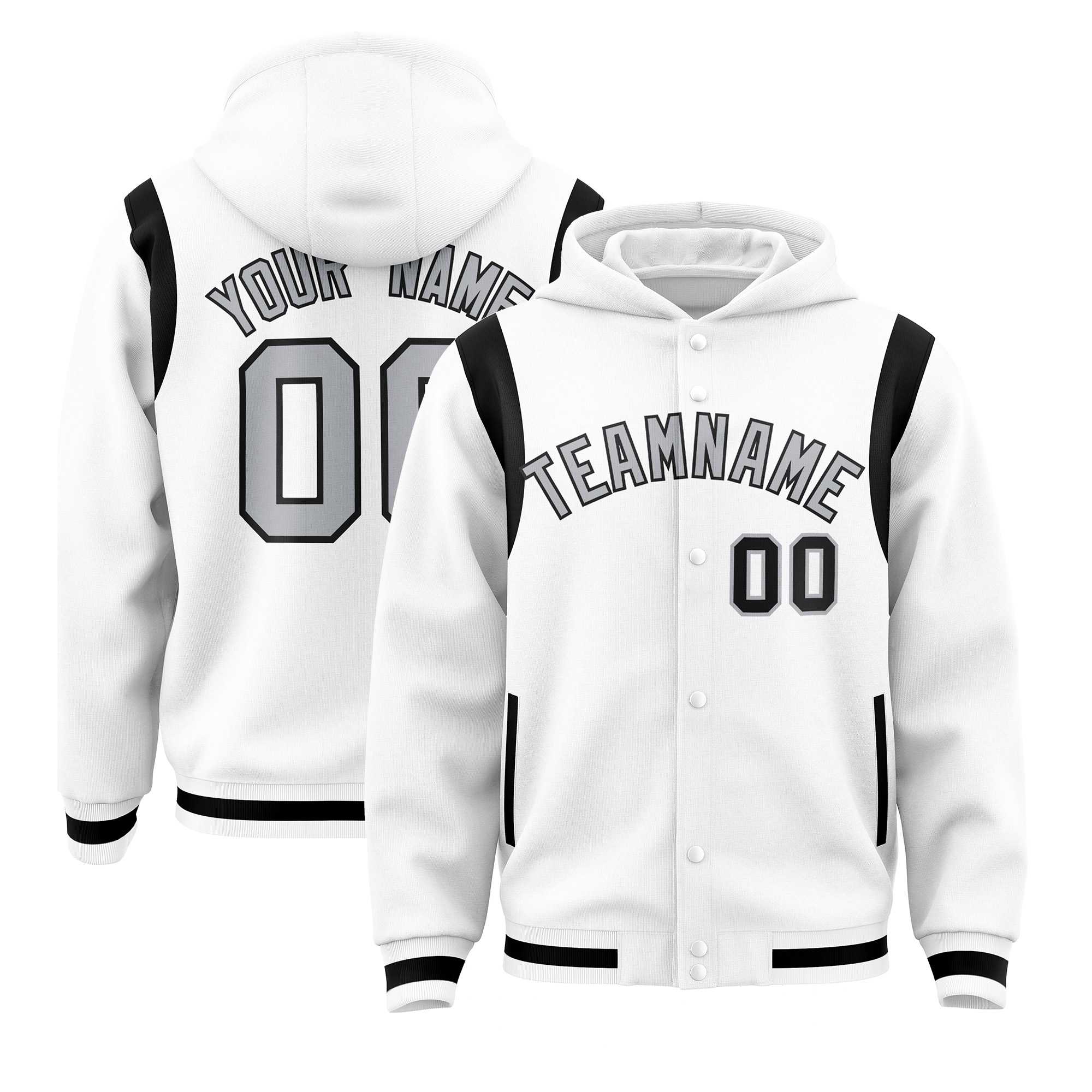 Custom White Silver Varsity Full-Snap Letterman Shoulder Color Block Hoodie Jacket