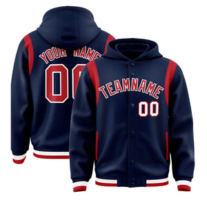 Custom Navy Red Varsity Full-Snap Letterman Shoulder Color Block Hoodie Jacket