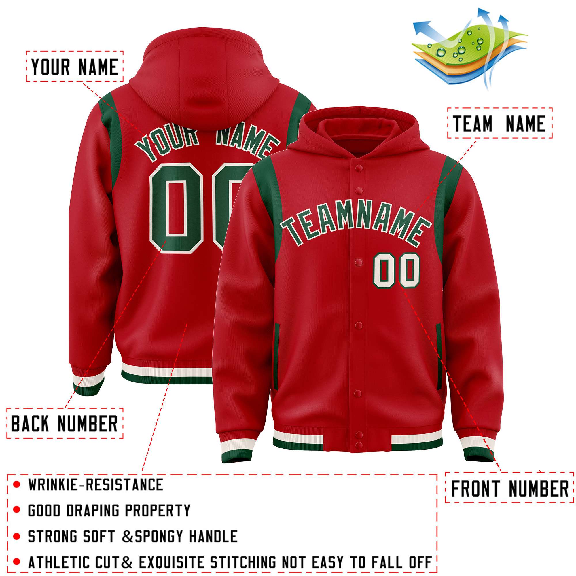 Custom Red Green Varsity Full-Snap Letterman Shoulder Color Block Hoodie Jacket