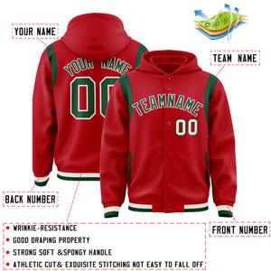 Custom Red Green Varsity Full-Snap Letterman Shoulder Color Block Hoodie Jacket