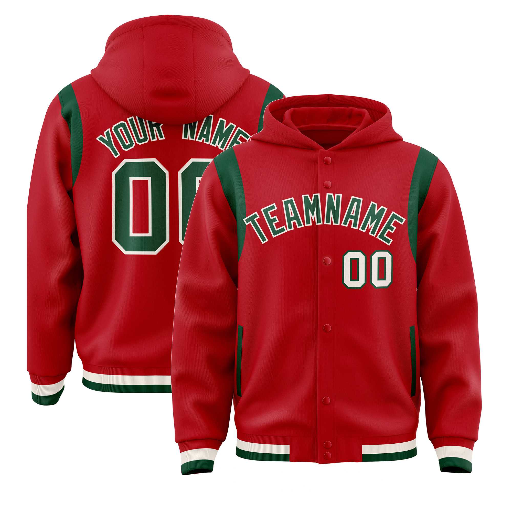 Custom Red Green Varsity Full-Snap Letterman Shoulder Color Block Hoodie Jacket