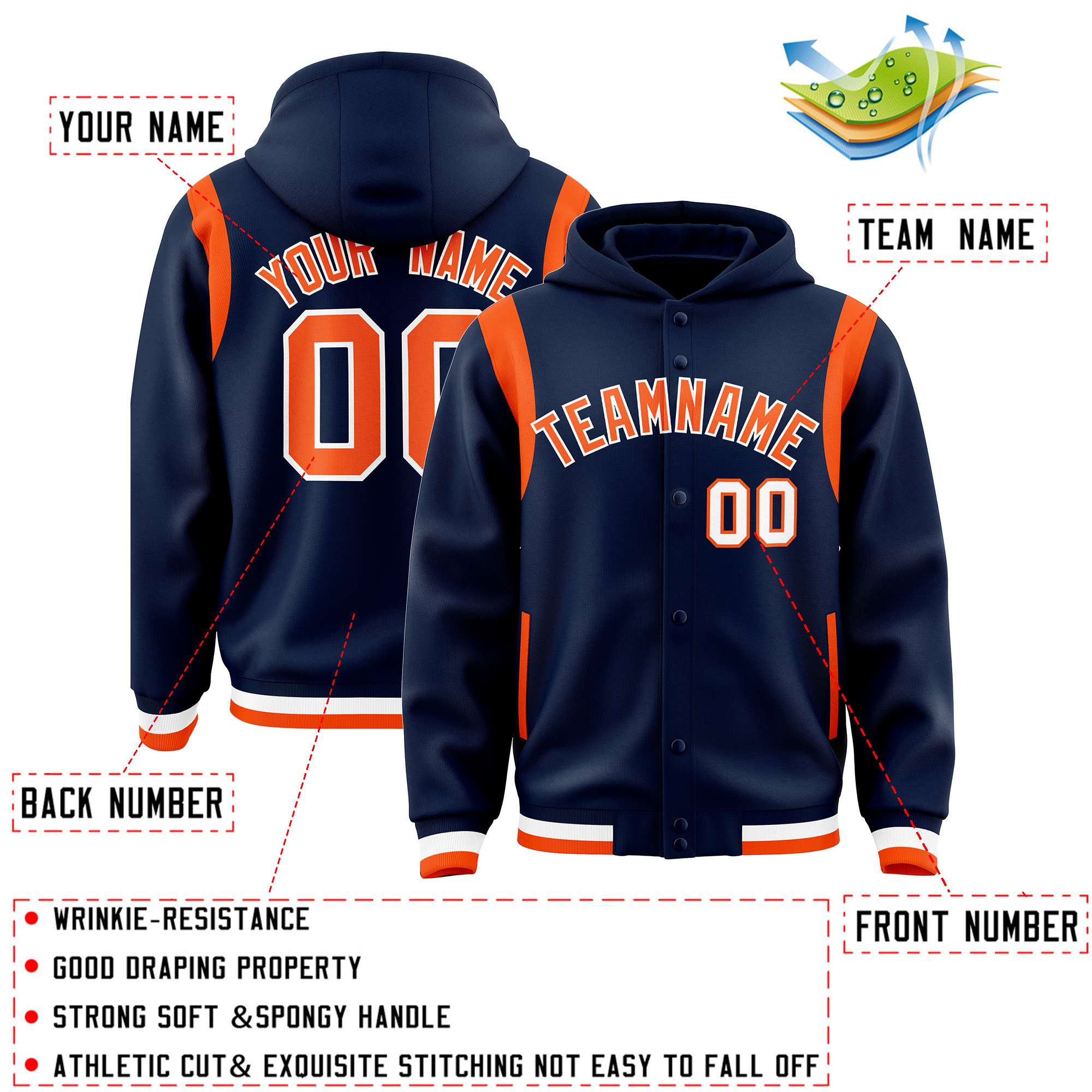 Custom Navy Orange Varsity Full-Snap Letterman Shoulder Color Block Hoodie Jacket