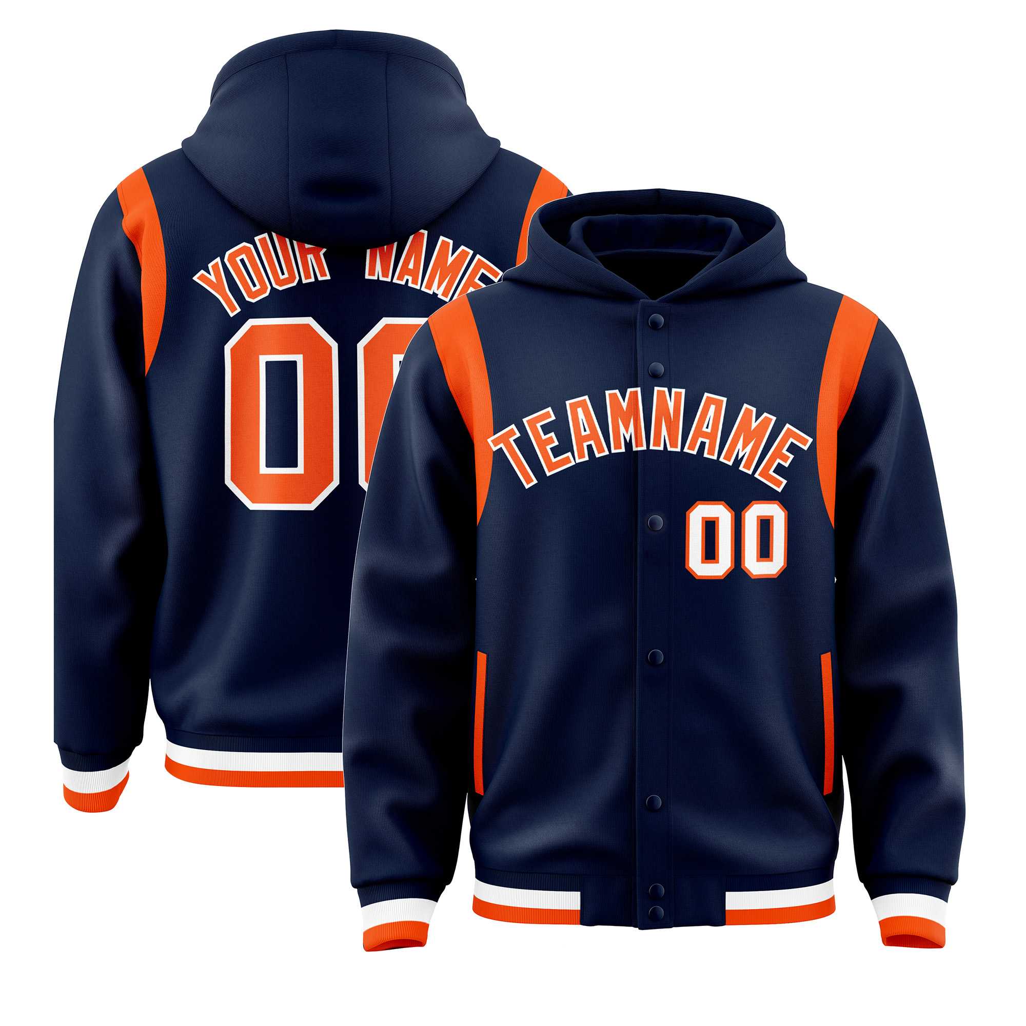 Custom Navy Orange Varsity Full-Snap Letterman Shoulder Color Block Hoodie Jacket