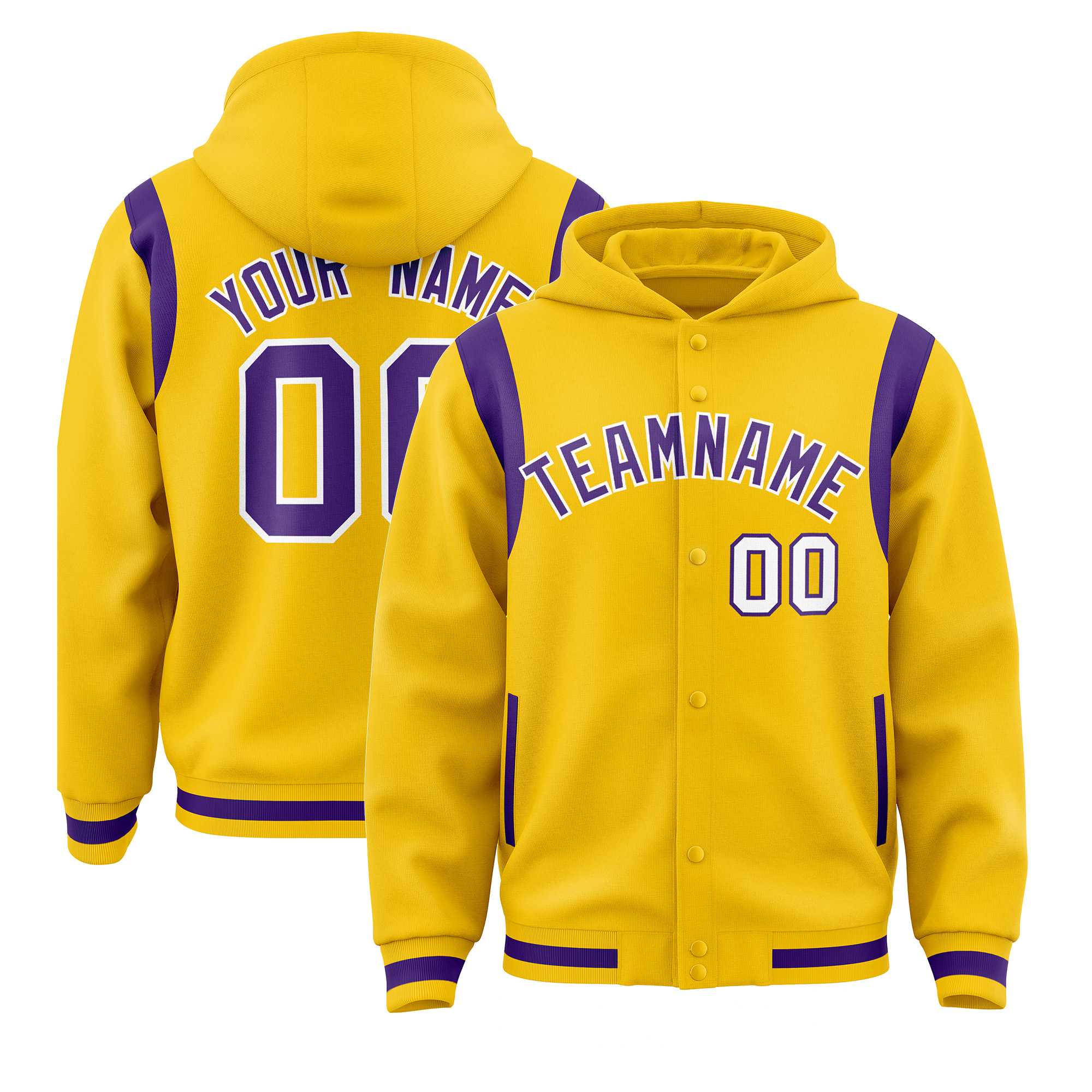 Custom Gold Purple Varsity Full-Snap Letterman Shoulder Color Block Hoodie Jacket