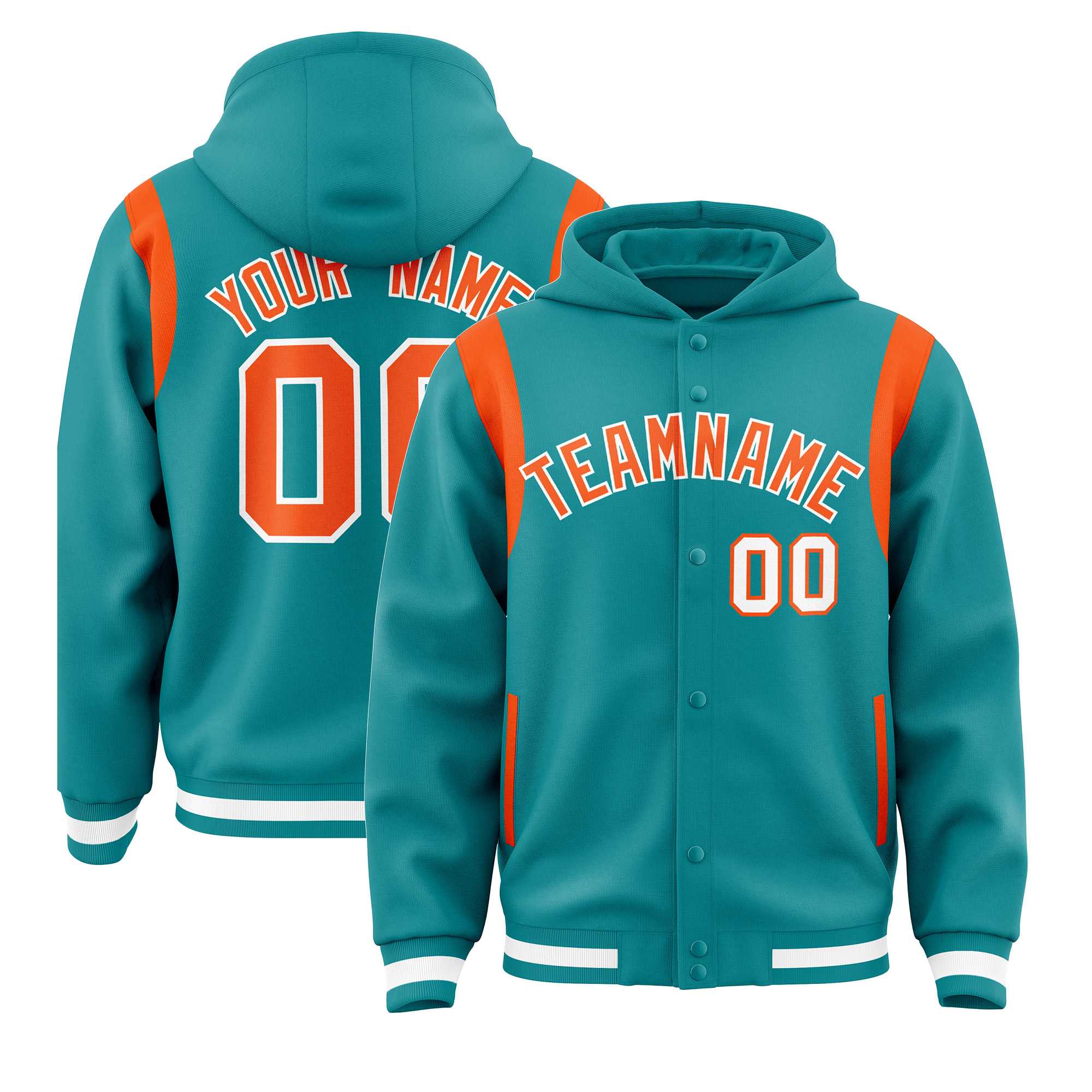 Custom Aqua Orange Varsity Full-Snap Letterman Shoulder Color Block Hoodie Jacket