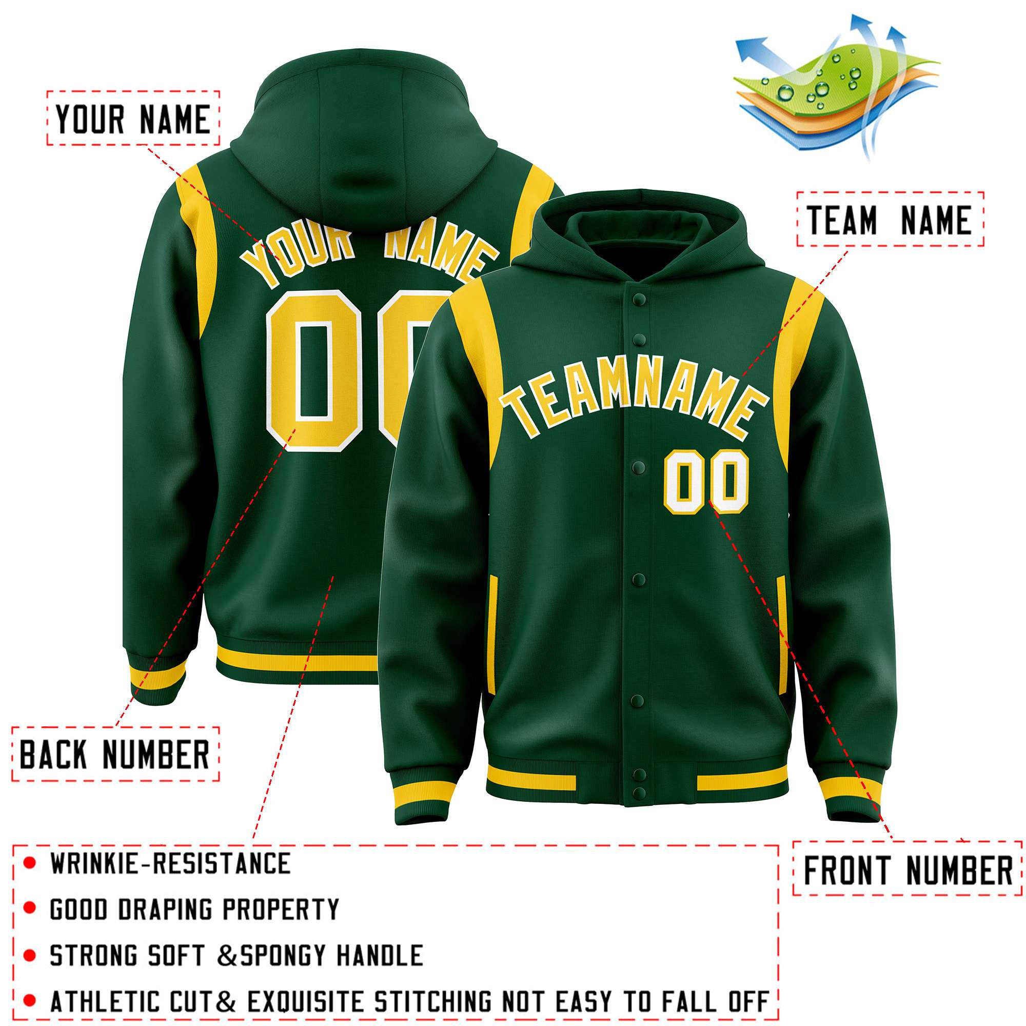 Custom Green Gold Varsity Full-Snap Letterman Shoulder Color Block Hoodie Jacket