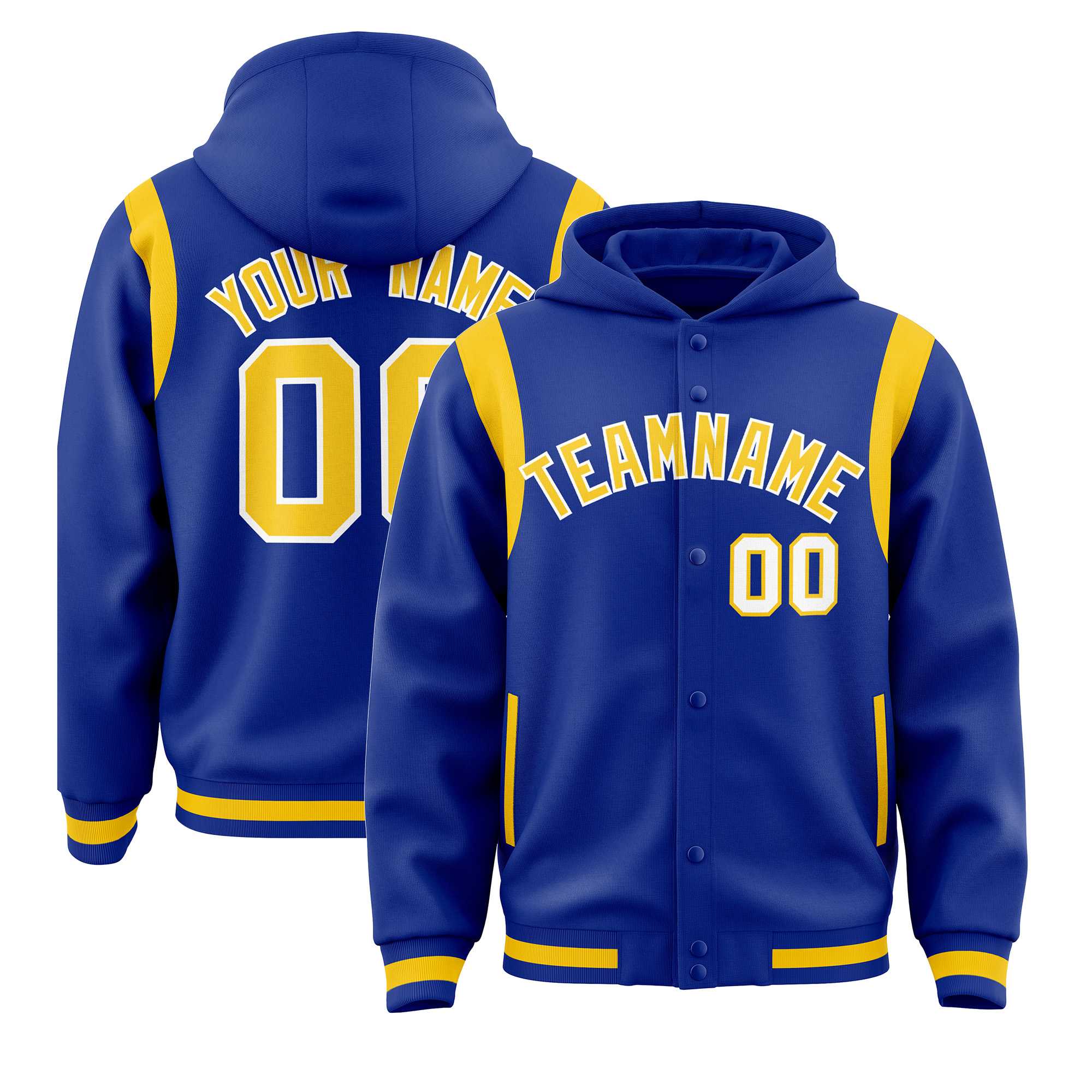 Custom Royal Gold Varsity Full-Snap Letterman Shoulder Color Block Hoodie Jacket