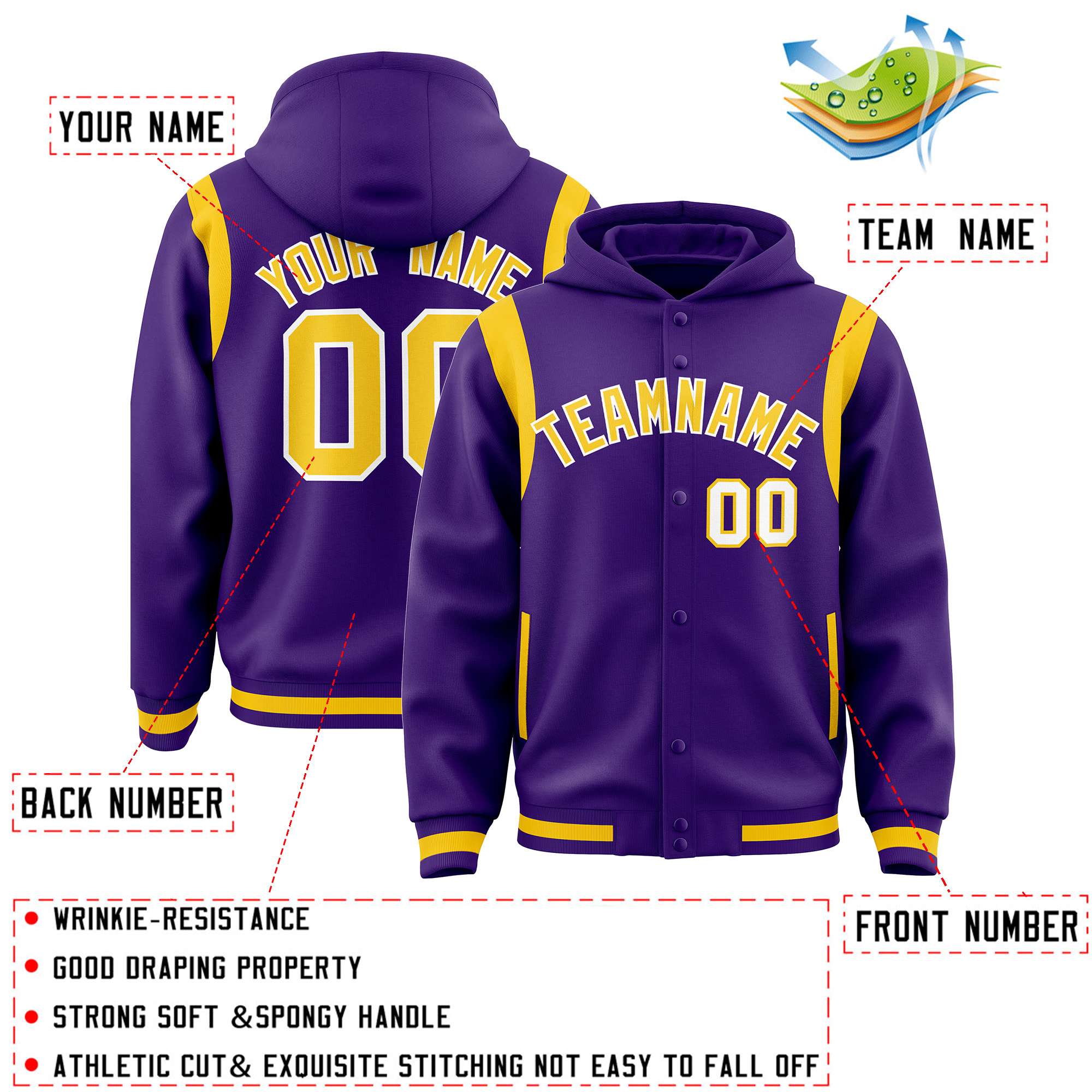 Custom Purple Gold Varsity Full-Snap Letterman Shoulder Color Block Hoodie Jacket