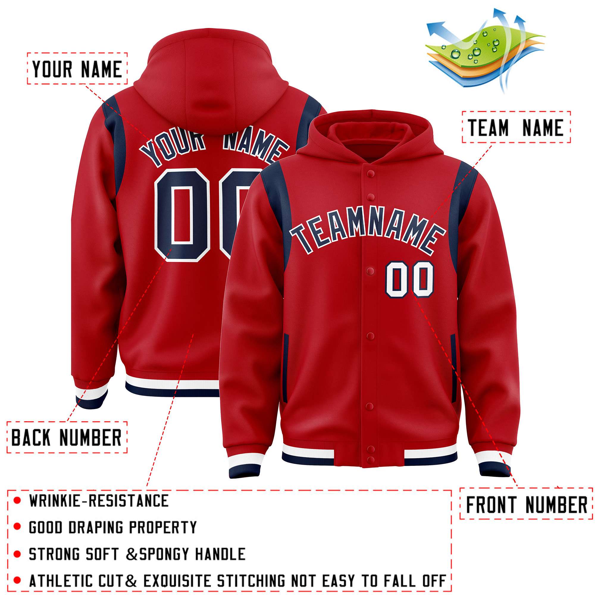 Custom Red Navy Varsity Full-Snap Letterman Shoulder Color Block Hoodie Jacket