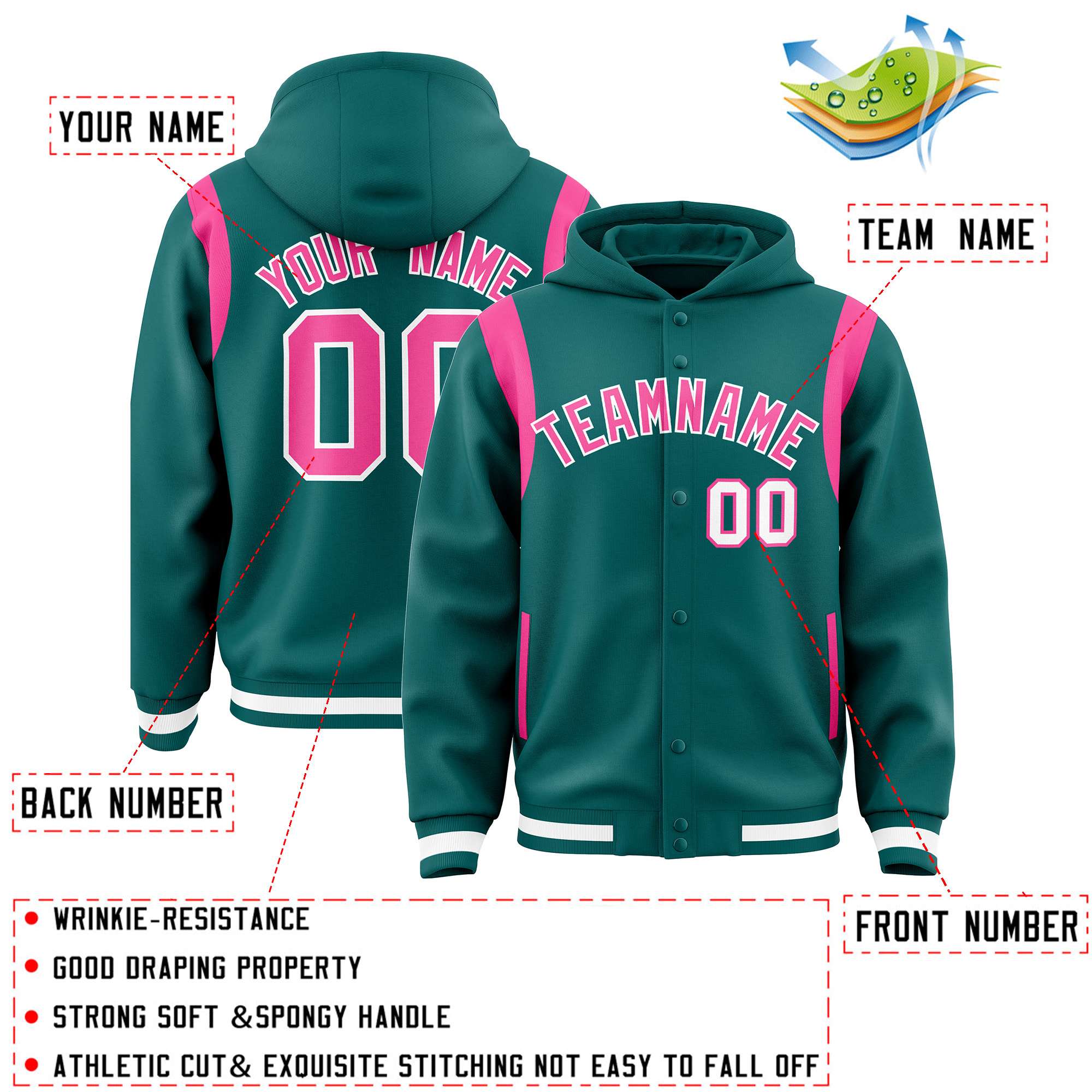 Custom Aqua Pink Varsity Full-Snap Letterman Shoulder Color Block Hoodie Jacket