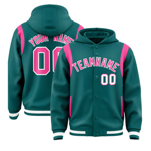 Custom Aqua Pink Varsity Full-Snap Letterman Shoulder Color Block Hoodie Jacket