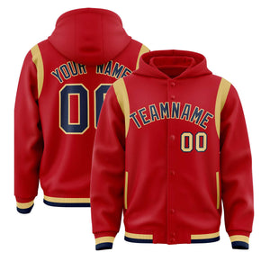 Custom Red Navy Varsity Full-Snap Letterman Shoulder Color Block Hoodie Jacket