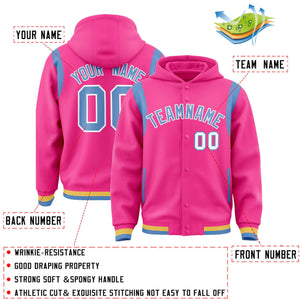 Custom Pink Light Blue Varsity Full-Snap Letterman Shoulder Color Block Hoodie Jacket