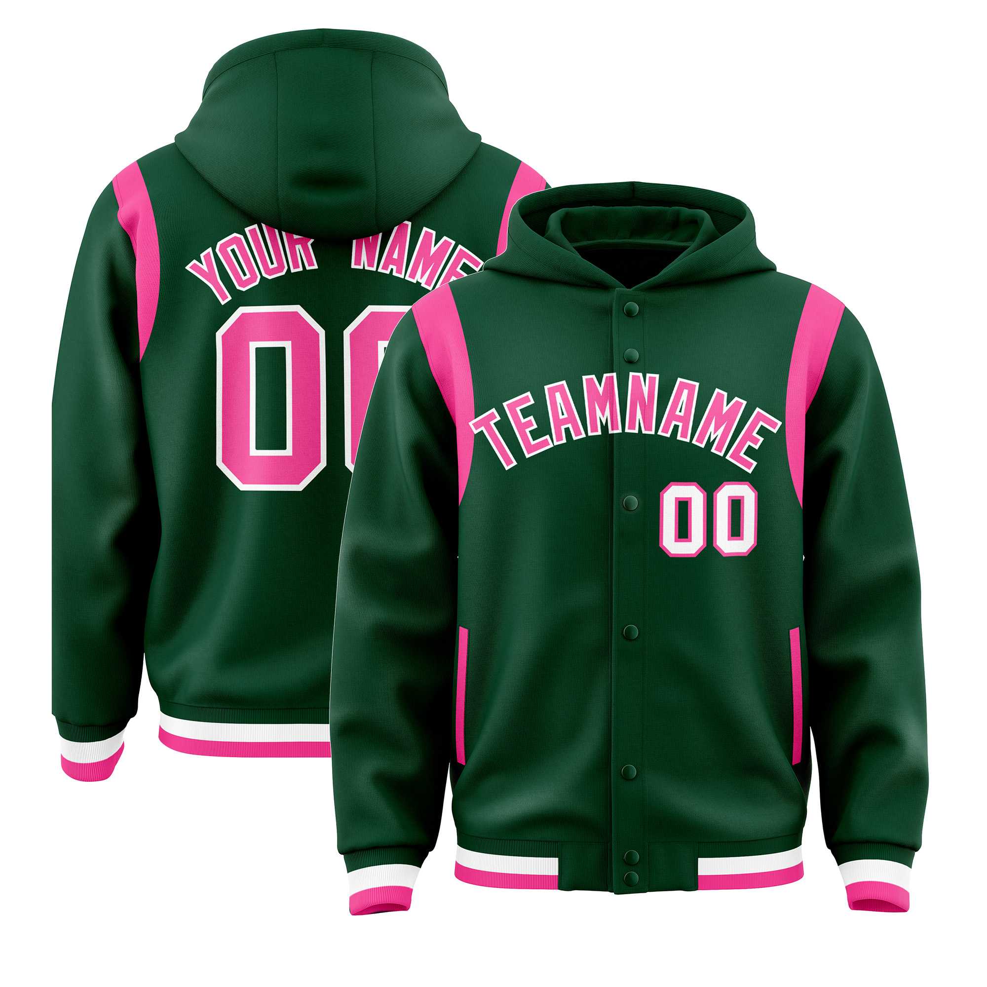 Custom Green Pink Varsity Full-Snap Letterman Shoulder Color Block Hoodie Jacket