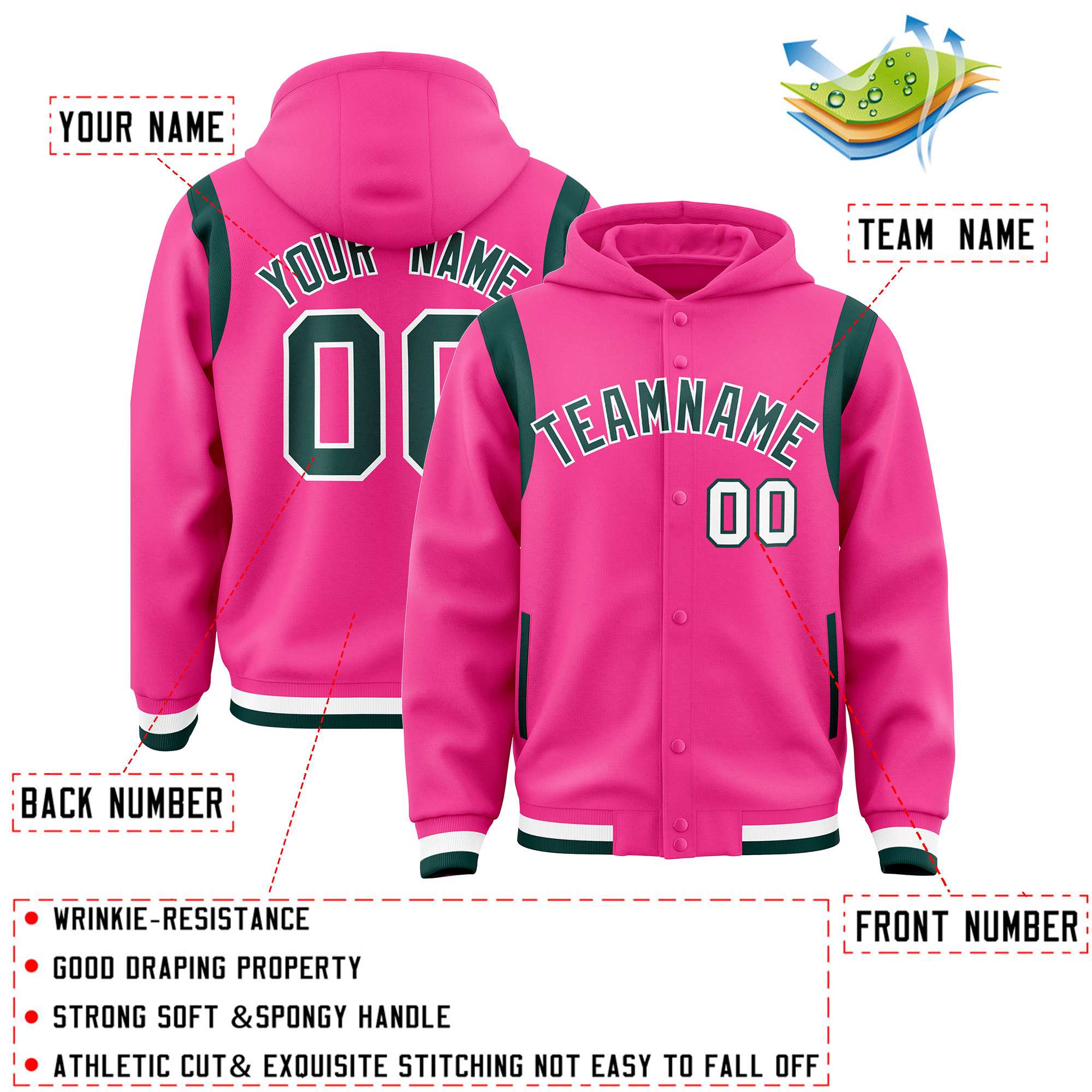 Custom Pink Midnight Green Varsity Full-Snap Letterman Shoulder Color Block Hoodie Jacket