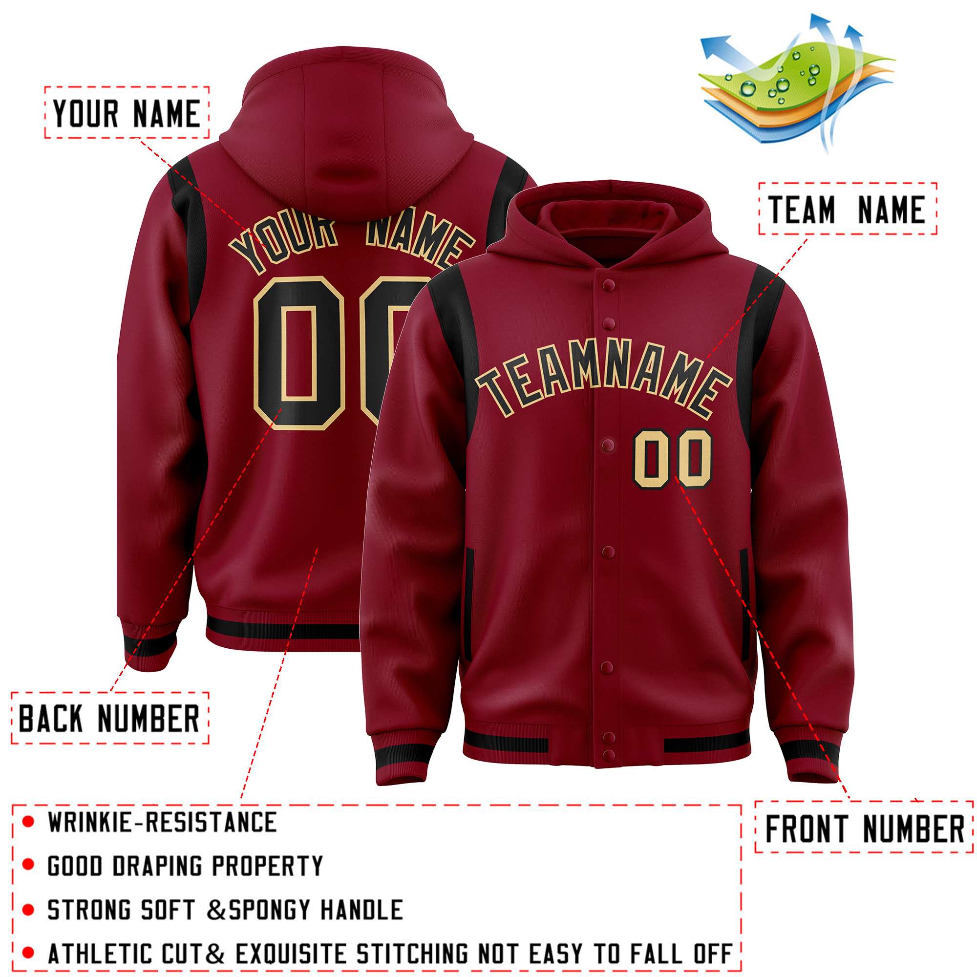 Custom Crimson Black Varsity Full-Snap Letterman Shoulder Color Block Hoodie Jacket