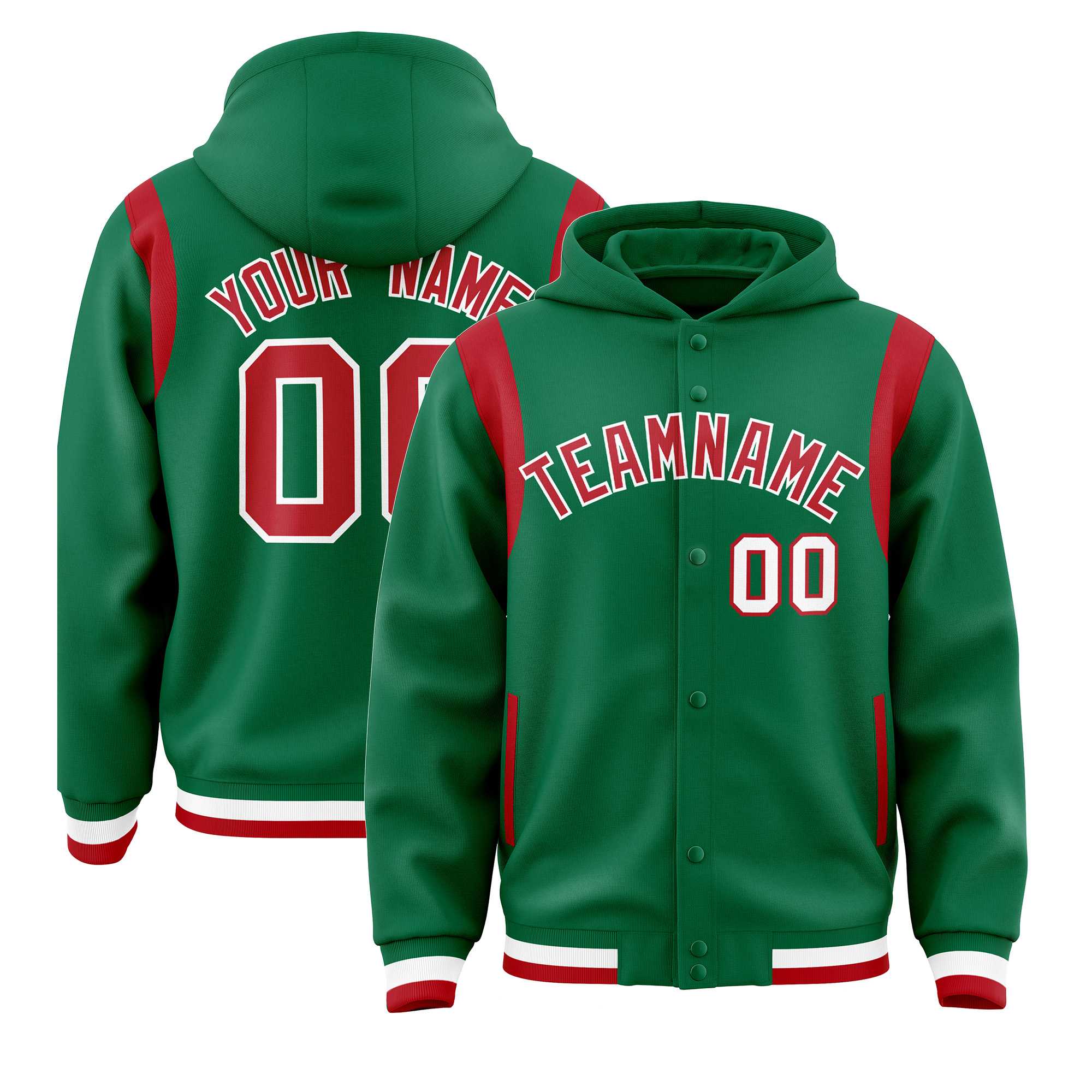 Custom Kelly Green Red Varsity Full-Snap Letterman Shoulder Color Block Hoodie Jacket