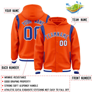 Custom Orange Royal Varsity Full-Snap Letterman Shoulder Color Block Hoodie Jacket