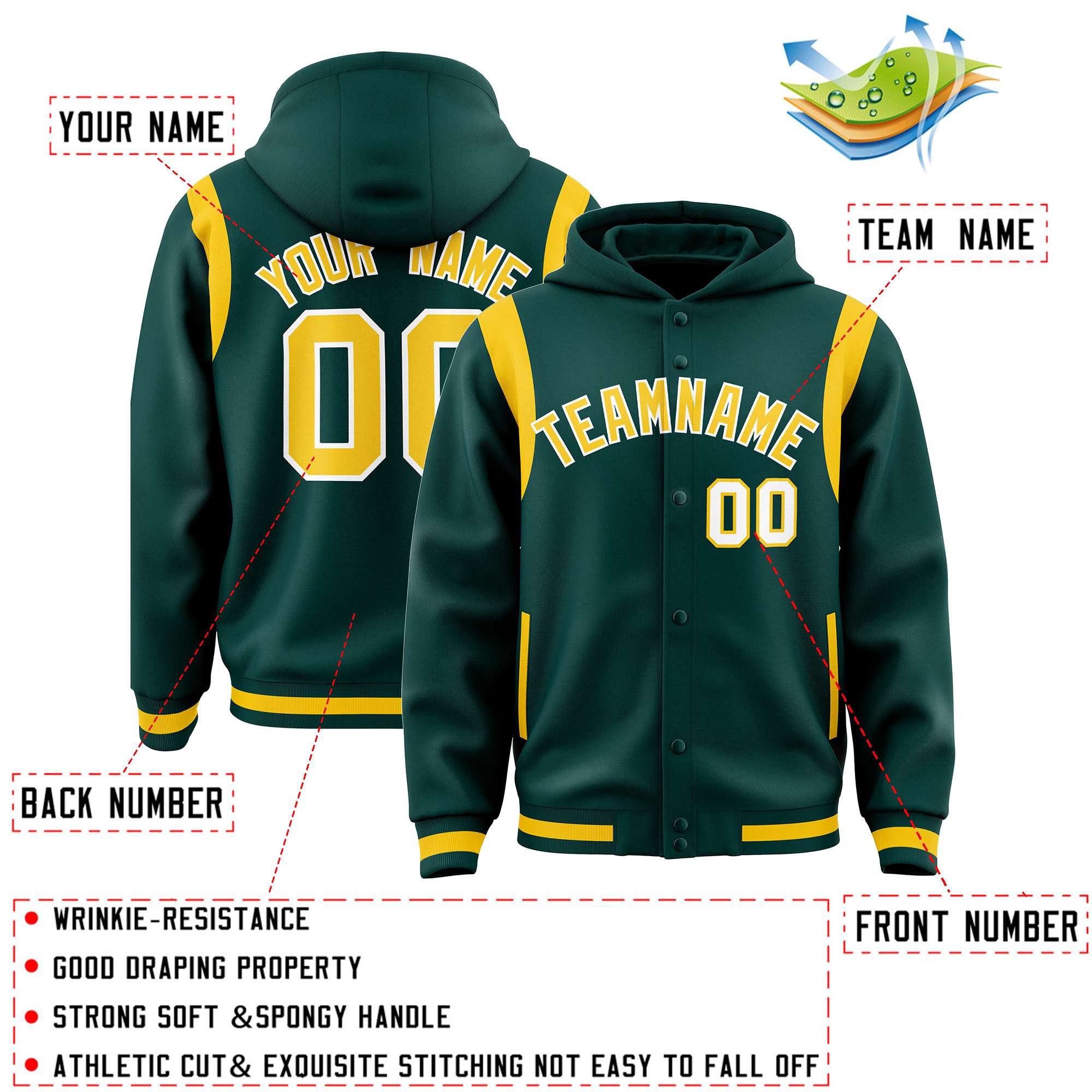 Custom Midnight Green Gold Varsity Full-Snap Letterman Shoulder Color Block Hoodie Jacket